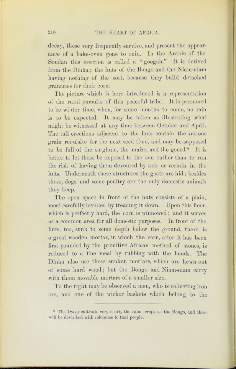 decay, these very frequently survive, and present the appear- ance of a bake-oveu Jrone to ruin. In the Arabic of the Soudan this erection is called a  googah. It is derived from the Dinka ; the huts of the Bongo and the Niain-niam having nothing of the sort, because they build detached granaries for their corn. The picture which is here introduced is a representation of the rural pursuits of this peaceful tribe. It is presumed to be winter time, when, for some months to come, no rain is to be exjDected. It may be taken as illustrating what might be witnessed at any time between October and Aj)ril. The tall erections adjacent to the huts contain the various grain requisite for the next seed time, and may be supposed to be full of the sorghum, the maize, and the gourd.* It is better to let these be exposed to the sun rather than to run the risk of having them devoured by rats or vermin in the huts. Underiieath these structures the goats are hid; besides these, dogs and some j)Oultry are the only domestic animals they keep. The open space in front of the huts consists of a plain, most carefully levelled by treading it down. Upon this floor, which is perfectly hard, the com is winnowed ; and it serves as a common area for all domestic purposes. In front of the huts, too, sunk to some depth below the ground, there is a great wooden mortar, in which the corn, after it has been first pounded by the primitive African method of stones, is reduced to a fine meal by rubbing with the hands. The Dinka also use these sunken mortars, which are hewn out of some hard wood; but the Bongo and Niam-niam carry with them movable mortars of a smaller size. To the right may be observed a man, who is collecting iron ore, and one of the wicker baskets which belong to the * The Dyoor cultivate very nearly the sanre crops as the Bongo, and these will be described with reference to that people.