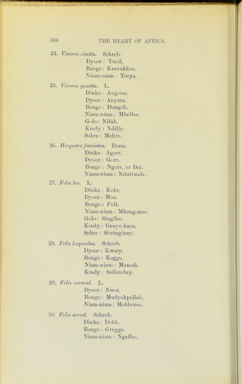 2-4. Vicerra civetia. Schreb. Dyoor : Yuoll. Bongo : Kurrukkoo. Niani-niam : Teeya. 25. Viverra genetta. L. Dinka : Augonn. Dyoor: Anyara. Bongo : Dongoh. Niam-niam : Mbelleu. Golo: Nifah. Kredy : Ndilty. Selire: Meb.ro. 26. Herpestesfasciatus. Desm. Dinka: Agorr. D3'Oor : Gorr. Bongo : Ngorr, or Dai. Niam-niam: Nduttwab. 27. Felis leo. L. Dinka : Kobr. Dyoor: Moo. Bongo : Pull. Niam-niam : Mbongonoo. Golo: Singilee. Kredy: Ganye-kaza. Sebre : Sirringinny. 28. Felis leopardus. Scbreb. Dyoor: Kwaty. Bongo : Koggo. Niam-niam : Mamab. Kredy : Sellembey. 29. Felis caracal. L. Dyoor : Navok Bongo: Mudyokpollali. Niam-niam: Mobboroo. 30. Fells serval. Scbreb. Dinka: Dobk. Bongo: Gregge. Niam-niam : Ngaffoo.