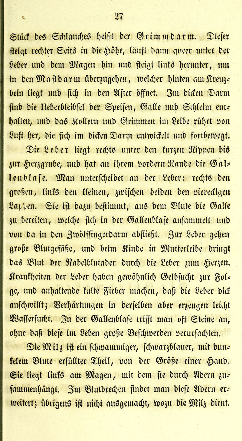 6tü(f M 8d)lauc!^e0 ^eijjt bcr ©rimmbarm. 5Diefcr ffefßt rec()ter Seitö in bie^öl)e, läuft banti qnccr unter ber !Beber unb bcm 9J?ageu uub ftcis]t UiiB I)erunter, um in bcn 9}?aftbarm ukr^uße^jcn, it)eK1)er leinten am Streng- bein liegt unb fid& in beu 5(fter öffnet. 3m bicfen 1)axm fmb bie Ueberbletbfel ber Steifen, ^affe unb @d)(eim ent^? l)alten, unb baö ^oUern unb ©rimmen tm Selbe rü()rt öou Ihift l^er, bie fiel} im bidfen 2)arm enttx>fcfclt unb fcrtbetveßt. 2)ie Seber Hegt recf^tö unter ben furjen Sflip^en biö jur |)er3(3rube, unb Ijat an iljvm i?orbern Oianbe bie (3aU lenbfafe. Tlan unterfd^eibet an ber Seber: red^tö ben grojjen, ünU ben Hetnen, 3\\)ifd;en Mhcn ben Dierecftgen SavV^n. 6ie ift ba^u beftimmt, auö bem ^lute bie ©a((e gu bereiten, \t)e(dE)e fid) in ber (^alfenbfafe anfammelt unb t)on ba in ben 3wölfftngerbarm abfliegt, ^nx Seber gel)eu gro^e 53(utgefä^e, unb beim £inbe in 5Ö^utter(eibe bringt baö 5B(ut ber 9?abelblutaber burd) bie Seber ^um ^er^en. ^ranHjeiten ber Seber I)aben ge\t)ö{)nlid) ^elbfud)t gur %oU ge, unb an{)a(tenbe faite gieber mad)cn, ba^ bie Seber bicf anfd)Wifft; 9Ser^)ärtungen in berfelben aber erzeugen (eid)t 9ßafferfud)t. 3n ber ©alTenbfafe trifft man oft Steine an, o{)ne bap biefe im Seben grope 33efd)merben i)erurfad)ten. 2)ie ^Zil5 ift ein fd)n)ammiger, fd)\t?ar3b(auer, mit bun^ felem SBlute erfüllter Jl^eil, üon ber ^rope einer |)anb. 6ie liegt linf^ am 50^agen, mit bem fte burd) Slbern gu^ fammenl)ängt, 3m 53lutbred)cn finbet man biefe §lbern er- tveitertj übrigens ift nic^t ausgemacht; Wh^i bient.