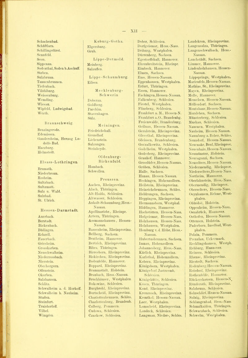 Schachenbad. Schäftlarn. Schillingsfürst. Sennfeld. Seon. Sippenau. Sodenthal, Soden b. Aschaff. Stehen. Sulzbrunn. Tannenbrunnen. Tiefenbach. Vilsbiburg. W eissenburg. Wemding. Wiesau. Wipfehl, Ludwigsbad. Wörth. Braunschweig. Benzingerode. Edemissen. Gandersheim, Herzog Lu- dolfs-Bad. Harzburg. Helmstedt. Eisass-L oth ringen. Brumath. Niederbronn. Rosheim. Sultzbach. Sultzmatt. Sulz u. Wald. Sulzbad. St. Ulrich. Hessen-Darmstadt. Auerbach. Berstadt. Bickenbach. Büdingen. Echzell. Fauerbach. Griesheim. Grosskarben. Neuschwalheim. Niederrossbach. Nierstein. Oberhergern. Offenstem. Okarben. Salzhausen. Schlitz. Schwalheim a. d. Horhoff. Schwalheim b. Nauheim. Staden. Steinfurt. Traishorloff. Vilbel. Wimpfen. — XII — Koburg- Gotha. Elgersburg. Grub. Lippe-D etmold. Meinberg. Salzuflen. Lippe-Schaum bürg. Eilsen. Mecklenburg- Schwerin Doberan. Goldberg. Parchim. Stavenhagen. Sülz. Meiningen. Friedrichshall. Grundhof. Liebenstein. Salzungen. Steinheyde. Oldenburg- Birkenfeld. Hambach. Schwollen. Preussen. Aachen, Rheinprovinz. Alach, Thüringen. Alt-Haida, Schlesien. Altwasser, Schlesien. Anhalt-Schaumburg,Hess.- Nassau. Apollinarisbr., Rheinpr. Artern, Thüringen. Assmannshausen, Hessen- Nassau. Bassenheim, Rheinprovinz. Bellberg, Sachsen. Bentheim, Hannover. Bertrich, Rheinprovinz. Bibra, Thüringen. Birresborn, Rheinprovinz. Biskirchen, Rheinprovinz. Bodenfelde, Hannover. Boppard, Rheinprovinz. Brammstädt, Holstein. Braubach, Hess.-Nassau. Bruchhäuser, Westphalen Bukowine, Schlesien. Burgbrohl, Rheinprovinz. Burtscheid, Rheinprovinz. Charlottenbrunnen, Scliles. Charlottenburg, Brandenb. Colberg, Pommern. Cudowa, Schlesien. Czarkow, Schlesien. Dober, Schlesien. Dorfgeismar, Hess.-Nass. Driburg, Westphalen. Dürrenberg, Sachsen. Egestorffshall, Hannover. Ehrenbreitstein, Rheinpr. Eimbeck, Hannover. Eimen, Sachsen. Ems, Hessen-Nassau. Eppenhausen, Westphalen. Erfurt, Thüringen. Essen, Hannover. Fachingen, Hessen-Nassau. Falkenberg, Schlesien. Fiestel, Westphalen. Flinsberg, Schlesien. Frankfurt a. M| Hessen-N. Frankfurt a.O., Brandenbg. Freienwalde, Brandenburg. Geilnau, Hessen-Nassau. Gerolstein, Rheinprovinz. Gleesthal, Rheinprovinz. Gleissen, Brandenburg. Goczalkowitz, Schlesien. Godelheim, Westphalen. Godesberg, Rheinprovinz. Grauhof, Hannover. Grosslüder, Hessen-Nassau. Glühen, Schlesien. Halle, Sachsen. Hanau, Hessen-Nassau. Hechingen, Hohenzollern. Heilstein, Rheinprovinz. Heinrichsbrunnen, Scliles. Heldi'ungen, Sachsen. Heppingen, Rheinprovinz. Hermannsborn, Westphal. Hiddingen, Hannover. Hochstätten, Hessen-Nass. Hofgeismar, Hessen-Nass. Holzhausen, Hessen-Nass. Holzhausen, Westphalen. Homburg v. d. Höhe, Hess.- Nassau. Hubertusbrunnen, Sachsen. Imnau, Hohenzollern. Johannesberg, Hess.-Nass. Kärlich. Rheinprovinz. Karlsthal, Hohenzollern. Kobern, Rheinprovinz. Königsborn, W estphalen. Königsdorf Jastrzemb, Schlesien. Königshütte, Schlesien. Kosen, Thüringen. Kond, Rheinprovinz. Kreuznach, Rheinprovinz. Kronthal, Hessen-Nassau. Laer, Westphalen. Lamscheid, Rheinprovinz. Landeck, Schlesien. Langenau, Nieder-, Scliles. Landskron, Rheinprovinz. Langensalza, Thüringen. Langenschwalb ach, Hess.- Nassau. Lauchstädt, Sachsen. Linnner, Hannover. Lindenholzhausen, Hessen- Nassau. Lippspringe, Westphalen. Marienfels, Hessen-Nassau. Mathias, St., Rheinprovinz. Mayen, Rheinprovinz. Melle, Hannover. Memelsen, Hessen-Nassau. Möllendorf, Sachsen. Montabaur, Hessen-Nassau. Morsleben, Sachsen. Münsterberg, Schlesien. Muskau, Schlesien. Nammen, Westphalen. Nauheim, Hessen-Nassau. Naumburg a. Bober, Scliles. Nenndorf, Hessen-Nassau. Neuenahr, Beul, Rheinprov. Neueuhain, Hessen-Nassau. Neumünster, Holstein. Neuragozzi, Sachsen. Neuselters, Hessen-Nassau. Niedermendig, Rheinprov. Niederselters,Hessen-Nass. Northeim, Hannover. Oberlahnstein, Hess.-Nass. Obermendig, Rheinprov. Oberselters, Hessen-Nass. Oeynhausen, Rehme, West- phalen. Oldesloe, Holstein. Oppenheim, Hessen-Nass. Osnabrück, Hannover. Osthofen, Hessen-Nassau. Ottensen, Holstein. Paderborn, Inselbad, West- phalen. Polzin, Pommern. Prenzlau, Uckermark. Recklingshausen, Westph. Rehburg, Hannover. Reinerz, Schlesien. Rliense, Rheinprovinz. Riestedt, Sachsen. Rodenberg, Hessen-Nassau. Roisdorf, Rheinprovinz. Rothenfelde, Hannover. Rückershausen, Hessen-N, Ründeroth, Rheinprovinz. Salzbrunn, Schlesien. Salzschlirf, Hessen-Nassau. Salzig, Rheinprovinz. Schlangenbad, Hess.-Nass Schmalkalden, Thüringen. Schwarzbach, Schlesien. Schwelm, Westphalen.