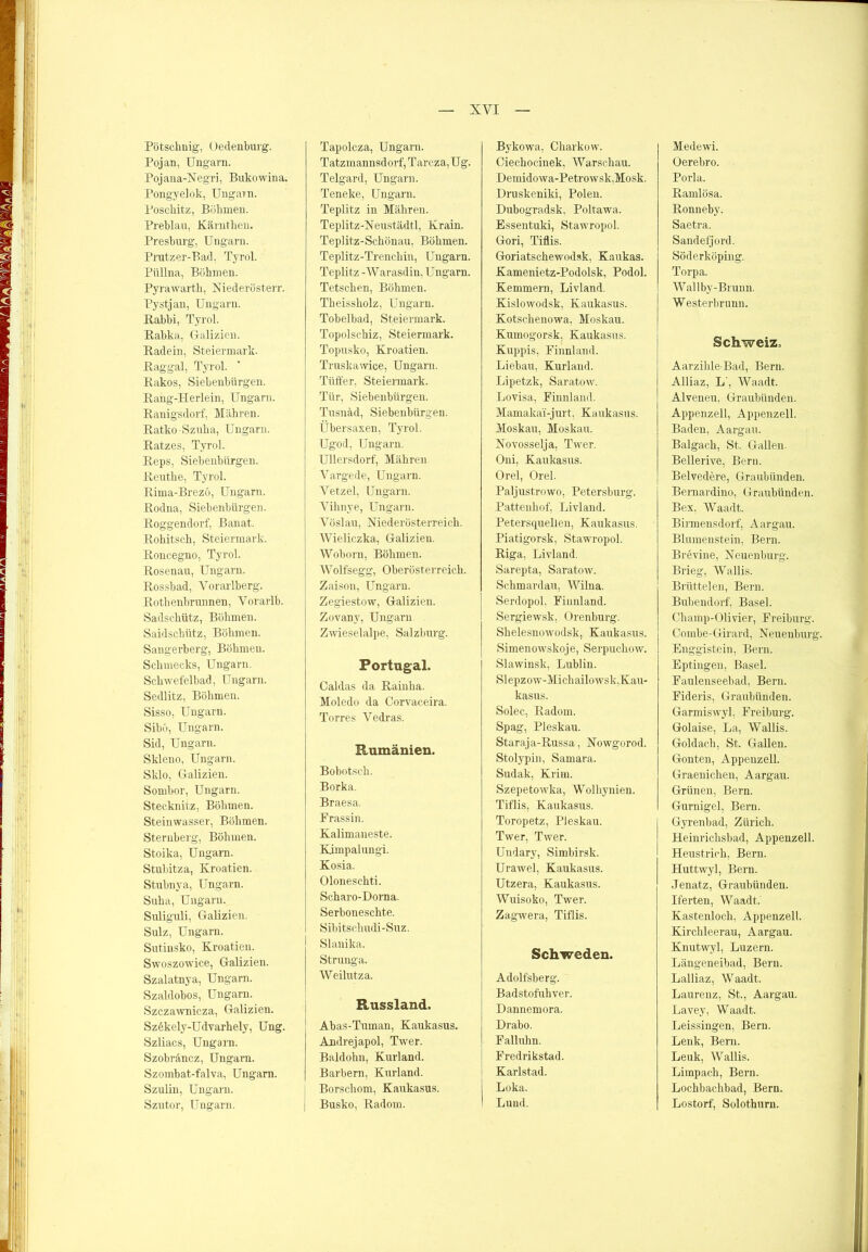 Pötschnig, Oetlenburg. Pojan, Ungarn. Pojana-Ncgri, Bukowina. Pongyeiok, Ungarn. Poscbitz, Böhmen. Preblau, Kämtben. Presburg, Ungarn. Prutzer-Bad, Tyrol. Ptillna, Böhmen. Pyrawarth, Niederösterr. Pystjan, Ungarn. Rabbi, Tyrol. Rabka, Galizien. Radein, Steiermark. Raggal, Tyrol. Rakos, Siebenbürgen. Rang-Herlein, Ungarn. Ranigsdorf, Mähren. Ratko-Szuha, Ungarn. Ratzes, Tyrol. Reps, Siebenbürgen. Reutlie, Tyrol. Rima-Brezö, Ungarn. Rodna, Siebenbürgen. Roggendorf, Banat, Rohitsch, Steiermark. Roncegno, Tyrol. Rosenau, Ungarn. Rossbad, Vorarlberg. Rothenbrunnen, Vorarlb. Sadschütz, Böhmen. Saidschütz, Böhmen. Sangerberg, Böhmen. Sclimecks, Ungarn. Schwefelbad, Ungarn. Sedlitz, Böhmen. Sisso, Ungarn. Sibö, Ungarn. Sid, Ungarn. Skleno, Ungarn. Sklo, Galizien. Sombor, Ungarn. Stecknitz, Böhmen. Steinwasser, Böhmen. Sternberg, Böhmen. Stoika, Ungarn. Stubitza, Kroatien. Stubnya, Ungarn. Suha, Ungarn. Suliguli, Galizien. Sulz, Ungarn. Sutinsko, Kroatien. Swoszowice, Galizien. Szalatnya, Ungarn. Szaldobos, Ungarn. Szczawnicza, Galizien. Sz ekely-Udvarhely, Ung. Szliacs, Ungarn. Szobräncz, Ungarn. Szombat-falva, Ungarn. Szulin, Ungarn. Szutor, Ungarn. Tapolcza, Ungarn. Tatzmannsdorf, Tarcza, Ug. Telgard, Ungarn. Teneke, Ungarn. Teplitz in Mähren. Teplitz-Neustädtl, Krain. Teplitz-Schönau, Böhmen. Teplitz-Trenchin, Ungarn. Teplitz -Warasdin, Ungarn. Tetschen, Böhmen. Theissholz, Ungarn. Tobelbad, Steiermark. Topolschiz, Steiermark. Topusko, Kroatien. Truskawice, Ungarn. Tiiffer, Steiermark. Tür, Siebenbürgen. Tusnäd, Siebenbürgen. Übersaxen, Tyrol. Ugod, Ungarn. Ullersdorf, Mähren. Vargede, Ungarn. Vetzel, Ungarn. Vihnye, Ungarn. Vöslau, Niederösterreich. Wieliczka, Galizien. Woborn, Böhmen. Wolfsegg, Oberösterreich. Zaison, Ungarn. Zegiestow, Galizien. Zovany, Ungarn. Zwieselalpe, Salzburg. Portugal. Caldas da Rainha. Moledo da Corvaceira. Torres Vedras. Rumänien. Bobotsch. Borka. Braesa. Frassin. Kalimaneste. Kimpalungi. Kosia. Oloneschti. Scharo-Dorna. Serboneschte. Sibitschudi-Suz. Slanika. Strunga. Weilutza. Russland. Abas-Tuman, Kaukasus. Andrej apol, Twer. Baldohn, Kurland. Barbern, Kurland. Borschom, Kaukasus. Busko, Radom. Bykowa, Charkow. Ciechocinek, Warschau. Demidowa-Petrowsk,Mosk. Drnskeniki, Polen. Dubogradsk. Poltawa. Essentuki, Stawropol. Gori, Tiflis. Goriatschewodsk, Kaukas. Kamenietz-Podolsk, Podol. Kemmern, Livland. Kislowodsk, Kaukasus. Kotschenowa, Moskau. Kumogorsk, Kaukasus. Kuppis, Finnland. Liebau, Kurland. Lipetzk, Saratow. Lovisa, Finnland. Mamakaü-jurt, Kaukasus. Moskau, Moskau. Novosselja, Twer. Oni, Kaukasus. Orel, Orel. Paljust.rowo, Petersburg. Pattenhof, Livland. Petersquellen, Kaukasus. Piatigorsk, Stawropol. Riga, Livland. Sarepta, Saratow. Schmardau, Wilna. Serdopol, Finnland. Sergiewsk, Orenburg. Shelesnowodsk, Kaukasus. Simenowskoje, Serpuchow. Slawinsk, Lublin. Slepzow-Michailowsk,Kau- kasus. Solec, Radom. Spag, Pleskau. Staraja-Russa, Nowgorod. Stolypin, Samara. Sudak, Krim. Szepetowka, Wolhynien. Tiflis, Kaukasus. Toropetz, Pleskau. Twer, Twer. Undary, Simbirsk. Urawel, Kaukasus. Utzera, Kaukasus. Wuisoko, Twer. Zagwera, Tiflis. Schweden. Adolfsberg. Badstofuhver. Dannemora. Drabo. Fallulm. Fredrikstad. Karlstad. Loka. Lund. Medewi. Oerebro. Porla. Ramlösa. Ronneby. Saetra. Sandefjord. Söderköping. Torpa. Wallby-Brunn. W esterbrunn. Schweiz. Aarzihle-Bad, Bern. Alliaz, L', Waadt. Alveneu, Graubünden. Appenzell, Appenzell. Baden, Aargau. Balgach, St. Gallen. Bellerive, Bern. Belvedere, Graubünden. Bernardino, Graubünden. Bex, Waadt. Birmensdorf, Aargau. Blumenstein, Bern. Brevine, Neuenburg. Brieg, Wallis. Brüttelen, Bern. Bubendorf, Basel. Champ-Olivier, Freiburg. Combe-Girard, Neuenburg. Enggistein, Bern. Eptingen, Basel. Faulenseebad. Bern. Fideris, Graubünden. Garmiswyl. Freiburg. Golaise, La, Wallis. Goldach, St. Gallen. Gonten, Appenzell. Graenichen, Aargau. Grünen, Bern. Gurnigel, Bern. Gyrenbad, Zürich. Heinrichsbad, Appenzell. Heustrich, Bern. Huttwyl, Bern. Jenatz, Graubünden. Iferten, Waadt. Kastenloch, Appenzell. Kirchleerau, Aargau. Knutwyl, Luzern. Längeneibad, Bern. Lalliaz, Waadt. Laurenz, St., Aargau. Lavey, Waadt. Leissingen, Bern. Lenk, Bern. Leuk, Wallis. Limpach, Bern. Lochbachbad, Bern. Lostorf, Solothurn.