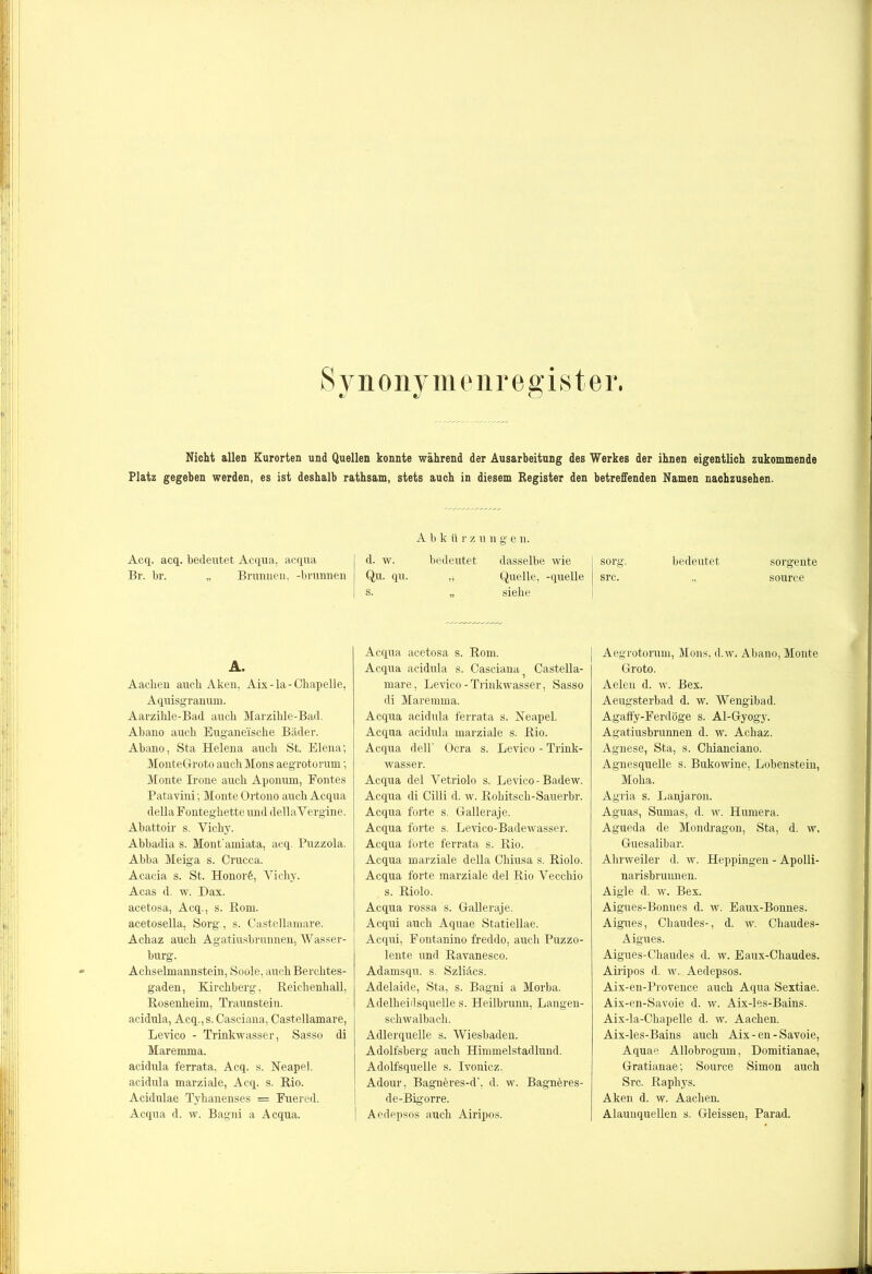 Synonymenregister. Nicht allen Kurorten und Quellen konnte während der Ausarbeitung des Werkes der ihnen eigentlich zukommende Platz gegeben werden, es ist deshalb rathsam, stets auch in diesem Register den betreffenden Namen nachzusehen. Acq. acq. bedeutet Acqua, acqua Br. br. „ Brunnen, -brunnen A. Aachen auch Aken, Aix-la-Chapelle, Aquisgranum. Aarzilile-Bad auch Marzihle-Bad. Abano auch Euganei'sche Bäder. Abano, Sta Helena auch St. Elena; MonteGroto auch Mons aegrotorum; Monte Irone auch Aponum, Fontes Patavini; Monte Ortono auch Acqua della Fonteghette und dellaY ergine. Abattoir s. Vichy. Abbadia s. Mont’amiata, acq. Puzzola. Abba Meiga s. Crucca. Acacia s. St. Honor6, Vichy. Acas d. w. Dax. acetosa, Acq., s. Bom. acetosella, Sorg., s. Castellamare. Achaz auch Agatiusbrunnen, Wasser- burg. Achselmannstein, Soole, auch Berchtes- gaden, Kirchberg, Reichenhall, Rosenheim, Traunstein. acidula, Acq.,s. Casciana, Castellamare, Levico - Trinkwasser, Sasso di Maremma. acidula ferrata, Acq. s. Neapel. acidula marziale, Acq. s. Rio. Acidulae Tyhanenses = Fuered. Acqua d. w. Bagni a Acqua. Abkürz u n g e n. d. w. bedeutet dasselbe wie Qu. qu. „ Quelle, -quelle s. „ siehe Acqua acetosa s. Rom. Acqua acidula s. Casciana Castella- mare , Levico - Trinkwasser, Sasso di Maremma. Acqua acidula ferrata s. Neapel. Acqua acidula marziale s. Rio. Acqua dell’ Ocra s. Levico - Trink- wasser. Acqua del Vetriolo s. Levico-Badew. Acqua di Cilli d. w. Rohitsch-Sauerbr. Acqua forte s. Galleraje. Acqua forte s. Levico-Badewasser. Acqua forte ferrata s. Rio. Acqua marziale della Chiusa s. Riolo. Acqua forte marziale del Rio Vecchio s. Riolo. Acqua rossa. s. Galleraje. Acqui auch Aquae Statiellae. Acqui, Fontanino freddo, auch Puzzo- lente und Ravanesco. Adamsqu. s. Szliäcs. Adelaide, Sta, s. Bagni a Morba. Adelheidsquelle s. Heilbrunn, Langen- schwalbach. Adlerquelle s. Wiesbaden. Adolfsberg auch Himmelstadlund. Adolfsquelle s. Ivonicz. Adour, Bagneres-d’, d. w. Bagneres- de-Bigorre. Aedepsos auch Airipos. sorg. bedeutet sorgente src. ,, source Aegrotorum, Mons, d.w< Abano, Monte Groto. Aelen d. w. Bex. Aeugsterbad d. w. Wengibad. Agaffy-Ferdöge s. Al-Gyogy. Agatiusbrunnen d. w. Achaz. Agnese, Sta, s. Chianciano. Agnesquelle s. Bukowine, Lobenstein, Moha. Agria s. Laujaron. Aguas, Sumas, d. w. Hiunera. Agueda de Mondragon, Sta, d. w, Guesalibar. Ahrweiler d. w. Heppingen - Apolli- narisbrunnen. Aigle d. w. Bex. Aigues-Bonnes d. w. Eaux-Bonnes. Aigues, Chaudes-, d. w. Chaudes- Aigues. Aigues-Chaudes d. w. Eaux-Chaudes. Airipos d. w. Aedepsos. Aix-en-Provence auch Aqua Sextiae. Aix-en-Savoie d. w. Aix-les-Bains. Aix-la-Chapelle d. w. Aachen. Aix-les-Bains auch Aix-en-Savoie, Aquae Allobrogum, Domitianae, Gratianae; Source Simon auch Src. Raphys. Aken d. w. Aachen. Alaunquellen s. Gleissen, Parad.