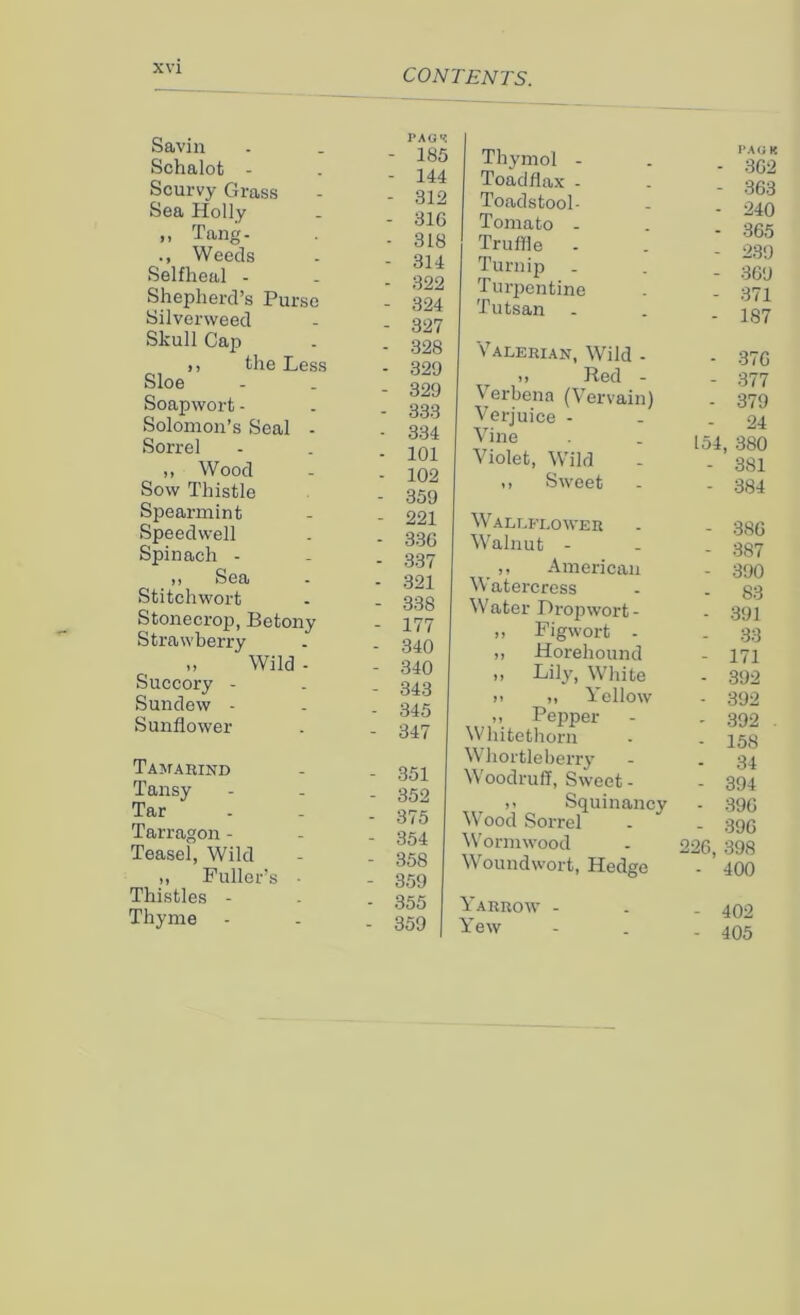 Savin Schalofc - Scurvy Grass Sea Holly ,, Tang- Weeds Selfheal - Shepherd’s Purse Silverweed Skull Cap )1 the Less Sloe Soapwort - Solomon’s Seal - Sorrel ,, Wood Sow Thistle Spearmint Speedwell Spinach - ,, Sea Stitchwort Stonecrop, Betony Strawberry Wild - Succory - Sundew - Sunflower Tamarind Tansy Tar Tarragon - Teasel, Wild „ Fuller’s • Thistles - Thyme - I'A O'*. • 185 144 312 31G 318 314 322 324 327 328 329 329 333 334 101 102 359 221 336 337 321 338 177 340 340 343 345 347 351 352 375 354 358 359 355 359 Thymol - Toadflax - Toadstool - Tomato - Truffle Turnip . Turpentine Tutsan Valerian, Wild - >> Red - Verbena (Vervain) Verjuice - Vine Violet, Wild .> Sweet Wallflower Walnut - t ,, American Watercress Water Dropwort- ,, Figwort - „ Horehound n Lily, White >i i, Yellow it Pepper Whitethorn Whortleberry Woodruff, Sweet- m Squinancy Wood Sorrel Wormwood Woundwort, Hedge Yarrow - Yew PAG K - 362 - 363 - 240 - 365 - 289 - 369 - 371 - 187 - 376 - 377 - 379 - 24 154, 380 - 381 - 384 - 386 - 387 - 390 - 83 - 391 - 33 - 171 - 392 - 392 - 392 - 158 - 34 - 394 - 396 - 396 226, 398 - 400 - 402 - 405