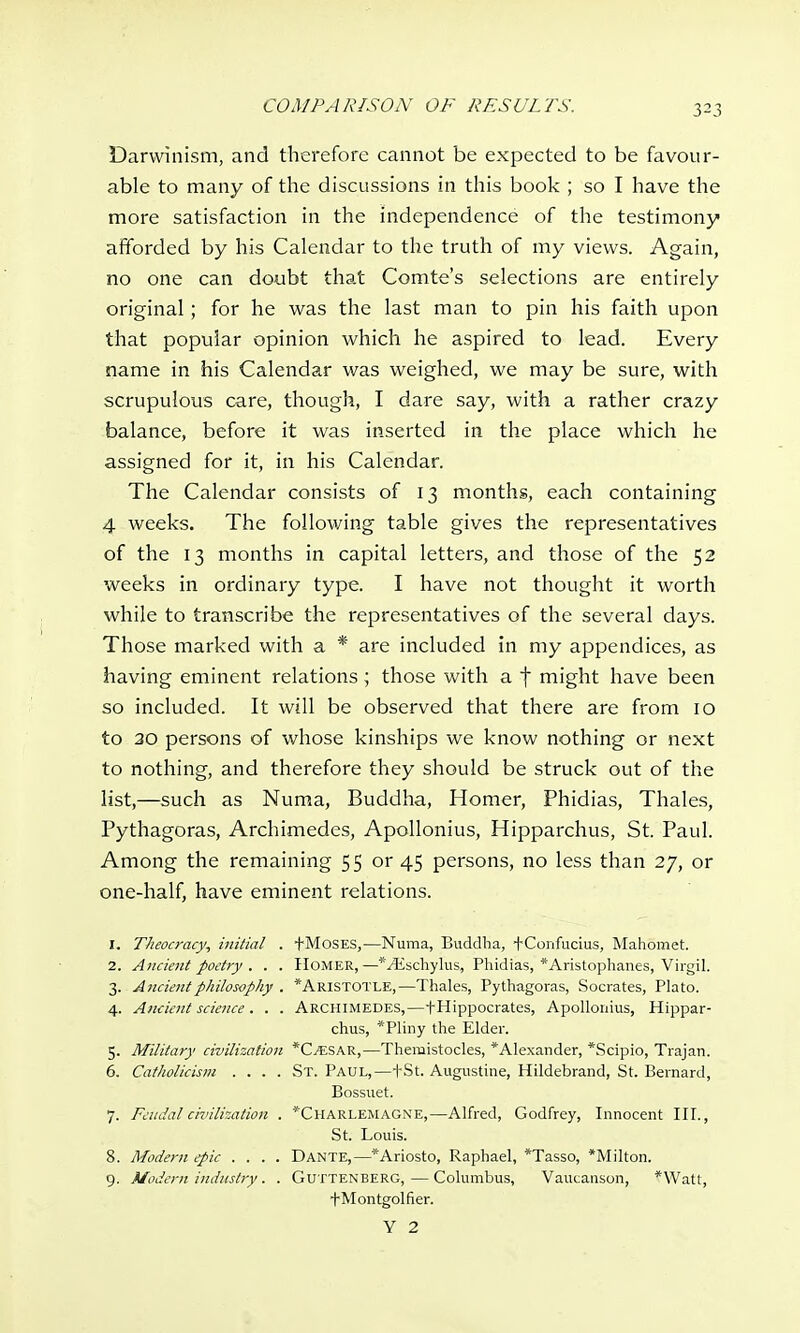 Darwinism, and therefore cannot be expected to be favour- able to many of the discussions in this book ; so I have the more satisfaction in the independence of the testimony afforded by his Calendar to the truth of my views. Again, no one can doubt that Comte's selections are entirely original; for he was the last man to pin his faith upon that popular opinion which he aspired to lead. Every name in his Calendar was weighed, we may be sure, with scrupulous care, though, I dare say, with a rather crazy balance, before it was inserted in the place which he assigned for it, in his Calendar. The Calendar consists of 13 months, each containing 4 weeks. The following table gives the representatives of the 13 months in capital letters, and those of the 52 weeks in ordinary type. I have not thought it worth while to transcribe the representatives of the several days. Those marked with a * are included in my appendices, as having eminent relations; those with a f might have been so included. It will be observed that there are from 10 to 20 persons of whose kinships we know nothing or next to nothing, and therefore they should be struck out of the list,—such as Numa, Buddha, Homer, Phidias, Thales, Pythagoras, Archimedes, Apollonius, Hipparchus, St. Paul. Among the remaining 55 or 45 persons, no less than 27, or one-half, have eminent relations. X. Theocracy, initial . tMoses,—Numa, Buddha, -f-Confucius, Mahomet. 2. Ancient poetry . . . Homer,—*-3£schylus, Phidias, *Aristophanes, Virgil. 3. Ancient philosophy . *Aristotle,—Thales, Pythagoras, Socrates, Plato. 4. Ancient science . . . Archimedes,—fHippocrates, Apollonius, Hippar- chus, *Pliny the Elder. 5. Military civilization *C^ESAR,—Themistocles, *Alexander, *Scipio, Trajan. 6. Catholicism .... St. Paul,—+St. Augustine, Hildebrand, St. Bernard, Bossuet. 7. Feudal civilization . *Charlemagne,—Alfred, Godfrey, Innocent III., St. Louis. 8. Modern epic .... Dante,—*Ariosto, Raphael, *Tasso, *Milton. 9. Modern industry. . Guttenberg,—Columbus, Vaucanson, *Watt, fMontgolfier. Y 2