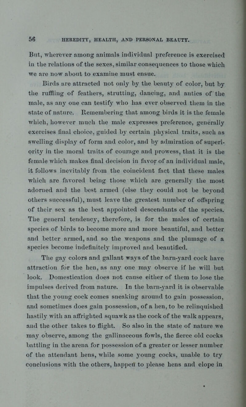 But, ’wherever among animals individual preference is exercised in the relations of the sexes, similar consequences to those which we are now about to examine must ensue. Birds are attracted not only by the beauty of color, but by the ruffling of feathers, strutting, dancing, and antics of’ the male, as any one can testify who has ever observed them in the state of nature. Remembering that among birds it is the female which, however much the male expresses preference, generally exercises final choice, guided b}T certain physical traits, such as swelling display of form and color, and b}T admiration of superi- ority in the moral traits of courage and prowess, that it is the female which makes final decision in favor of an individual male, it follows inevitably from the coincident fact that these males which are favored being those which are generally the most adorned and the best armed (else they could not be beyond others successful), must leave the greatest number of offspring of their sex as the best appointed descendants of the species. The general tendency, therefore, is for the males of certain species of birds to become more and more beautiful, and better and better armed, and so the weapons and the plumage of a species become indefinitely improved and beautified. The gay colors and gallant ways of the barn-yard cock have attraction for the hen, as any one may observe if he will but look. Domestication does not cause either of them to lose the impulses derived from nature. In the barn-yard it is observable that the young cock comes sneaking around to gain possession, and sometimes does gain possession, of a hen, to be relinquished hastily with an affrighted squawk as the cock of the walk appears, and the other takes to flight. So also in the state of nature we may observe, among the gallinaceous fowls, the fierce old cocks battling in the arena for possession of a greater or lesser number of the attendant hens, while some young cocks, unable to try conclusions with the others, happen to please hens and elope in