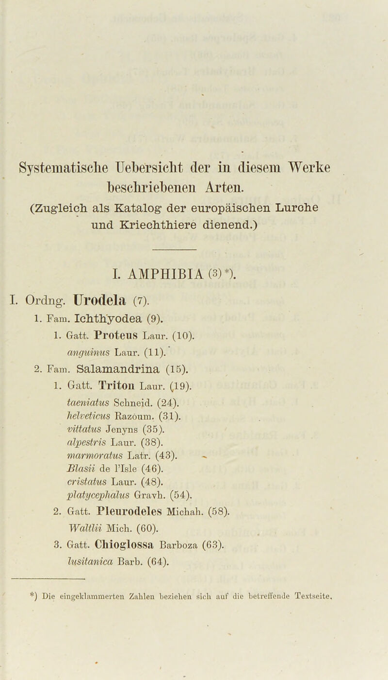 Systeiiiatisclie Uebersiclit der in diesem Werke bescliriebeiien Arten. (Zugleich als Katalog der europäischen Lurche und Kriechthiere dienend.) I. AMPH1BIA(3)*). I. Ordng. ürodela (7). 1. Farn. Ichthyodea (9). 1. Gatt. Proteus Laur. (10). anguinus Laur. (11). 2. Farn. Salamandrina (15). 1. Gatt. Triton Laur. (19). taeniatus Schneid. (24). helveticus Razöum. (31). vittahis Jenyns (35). alpestris Laur. (38). marmoratus Latr. (43). Blasii de l’Isle (46). cristatus Laur. (48). platyceplialus Gravh. (54). 2. Gatt. Pleurodeles Michah. (58). Waltlii Mich. (60). 3. Gatt. Cllioglossa Barboza (63). lusitanica Barh. (64). *) Die eingeklammerten Zahlen beziehen sich auf die hetrefTenJe Te.xtseite.