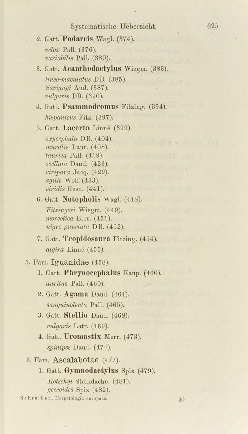 2. Gatt.’Podarcis Wagl. (374). 'velox Pall. (376). variahilis Pall. (380). 3. Gatt. Acautliodactyliis Wiegm. (383). Ihieo-maculahis DB. (385). Savignyi Auel. (387). vulgaris DB. (390). 4. Gatt. Ps.ammodroiinis Fitzing. (394). hispanicus Fitz. (397). 5. Gatt. Lacerta Linne (399). oxyeeplmla DB. (404). miiraiis Laur. (408). taurica Pall. (4.19). ocellaia Daud. (423). vivipara Jacq. (429). agilis Wolf (433). viridis Gesn. (441). 6. Gatt. Notopliolis Wagl. (448). Fitzingeri Wiegm. (449). moreotica Bibr. (451). nigro-punctata DB. (452). 7. Gatt. Tropidosaiira Fitzing. (454). algira Linne (455). 5. Farn. Iguanidae (458). 1. Gatt. Phrynoceplifilus Kaup. (460). auritus Pall. (460). 2. Gatt. Agania Daud. (464). sanguinolenta Pall. (465). 3. Gatt. Stellio Daud. (468). vulgaris Latr. (469). 4. Gatt. Uromastix Merr. (473). spinipes Daud. (474). 6. Farn. Ascalabotae (477). 1. Gatt. Gymnodactylus Spix (479). Kotscliyi Steindaebn. (481). geccoides Spix (482). Schreiber, Ilcrpetologia europaea. 40