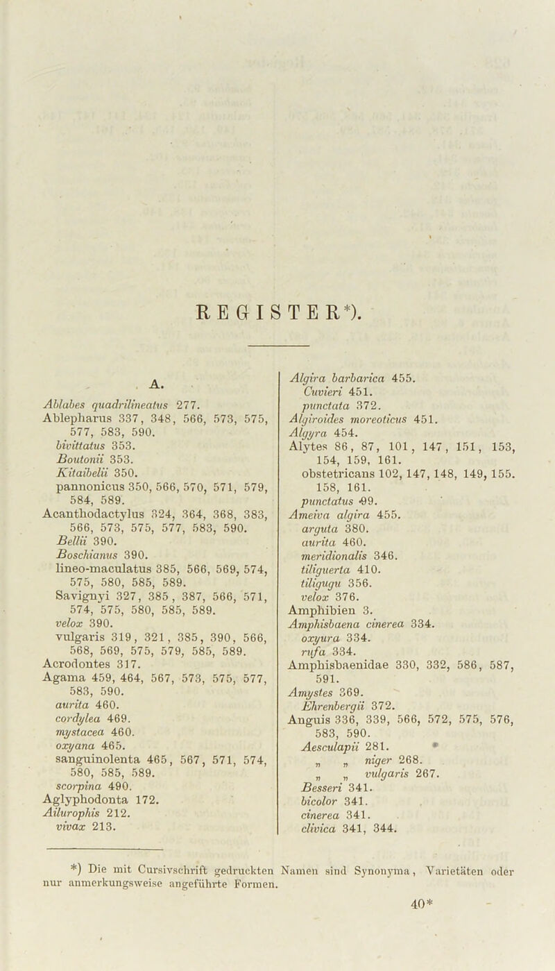 REGISTER*) A. Ahlabes quadrilineatvs 277. Ablepharus 337, 348, 566, 573, 575, 577, 583, 590. bivittatus 353. Boutonii 353. Kitaibelii 350. pannonicus 350, 566, 570, 571, 579, 584, 589. Äcantliodact5’lus 324, 364, 368, 383, 566, 573, 575, 577, 583, 590. Beim 390. Boschtanus 390. lineo-maculatus 385, 566, 569, 574, 575, 580, 585, 589. Savignjd 327, 385, 387, 566, 571, 574, 575, 580, 585, 589. velox 390. viügaris 319, 321, 385, 390, 566, 568, 569, 575, 579, 585, 589. Acrorlontes 317. Agama 459, 464, 567, 573, 575, 577, 583, 590. aurita 460. cordi/lea 469. mystacea 460. oxyana 465. sanguinolenta 465, 567, 571, 574, 580, 585, 589. scorpina 490. Aglyphodonta 172. Ailurophis 212. vivax 213. Algira barharica 455. Cuvieri 451. punctata 372. Algiroides moreoticus 451. Algyra 454. Alytes 86, 87, 101, 147, 151, 153, 154, 159, 161. obstetricans 102, 147,148, 149, 155. 158, 161. punctatus ^9. Ameiva algira 455. arguta 380. aurita 460. meridionalis 346. tiliguerta 410. tiligugu 356. velox 376. Amphibien 3. Amphisbaena cinerea 334. oxyura 334. rufa 334. Ampbisbaenidae 330, 332, 586, 587, 591. Amystes 369. Ehrenbergii 372. Anguis 336, 339, 566, 572, 575, 576, 583, 590. Aesculapii 281. • „ „ niger 268. „ „ vulgaris 267. Besseri 341. hicolor 341. cinerea 341. clivica 341, 344. *) Die mit Cursivschrift gedruckten Namen sind Synonyma, Varietäten oder nur anmerkungsweise angeführte Formen. 40*