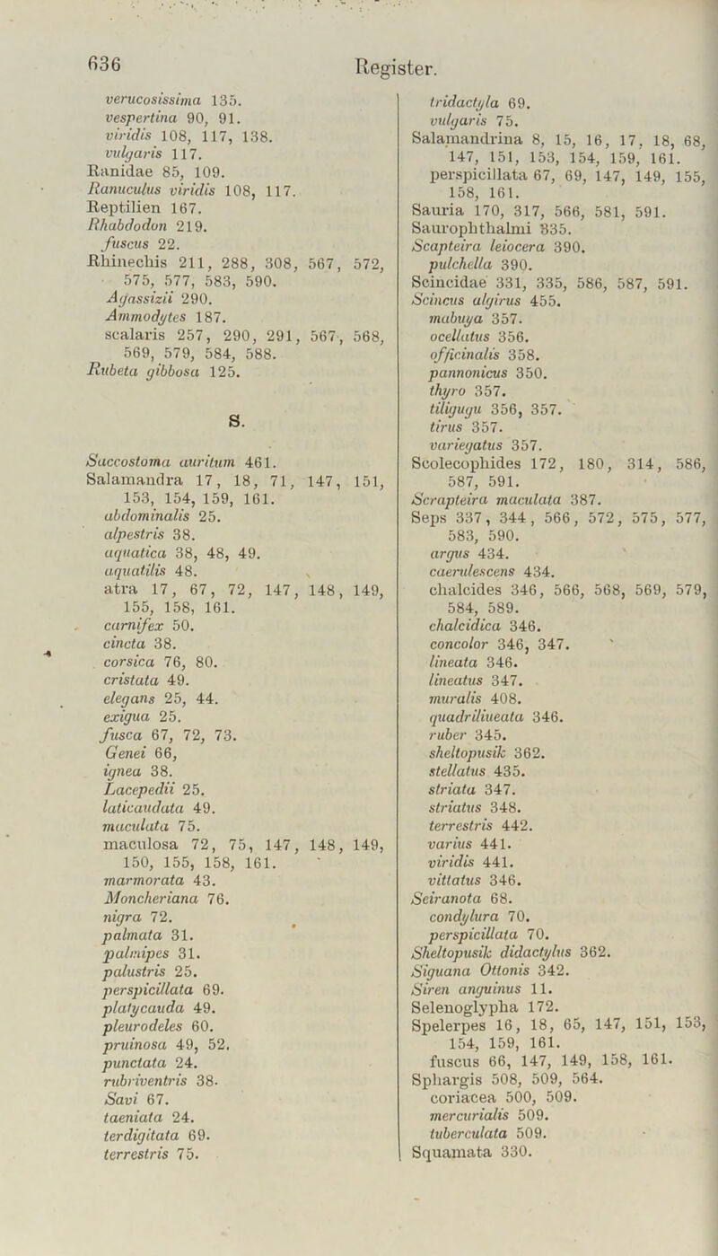 verucosissima 135. vespertina 90, 91. viridis 108, 117, 138. vulgaris 117. Riinidae 85, 109. Ranuculus viridis 108, 117. Eeptilien 167. Rhabdodon 219. fuscus 22. Ehinecliis 211, 288, 308, 567, 572, 575, 577, 583, 590. Ayassizii 290. Ammodgtes 187. scalaris 257, 290, 291, 567, 568, 569, 579, 584, 588. Rubeta yibbosa 125. S. Saccostoma aurilum 461. Salaraaucira 17, 18, 71, 147, 151, 153, 154, 159, 161. abdominalis 25. alpestris 38. uqiiatica 38, 48, 49. aquatilis 48. atra 17, 67, 72, 147, 148, 149, 155, 158, 161. cumifex 50. cincta 38. corsica 76, 80. cristata 49. eleyans 25, 44. exigua 25. fusca 67, 72, 73. Genei 66, iynea 38. Lacepedii 25. luticauduta 49. maculata 75. maculosa 72, 75, 147, 148, 149, 150, 155, 158, 161. marmorata 43. Moncheriana 76. nigra 72. palmata 31. palinipes 31. palustris 25. perspicillata 69. platycauda 49. pleurodeles 60. pruinosa 49, 52. punctata 24. rubriventris 38. Savi 67. taeniata 24. terdigitata 69. terrestris 75. Iridactyla 69. vulgaris 75. Salamandrina 8, 15, 16, 17. 18, 68, 147, 151, 153, 154, 159,’ 161. pei\spicillata 67, 69, 147, 149, 155, 158, 161. Sauria 170, 317, 566, 581, 591. Sauropbthalmi 835. Scapteira leiocera 390. pulchdla 390. Sciucidae 331, 335, 586, 587, 591. ücincus ulyirus 455. mubuya 357. ocellatus 356. officinalis 358. pannonicus 350. thyro 357. tiliyuyu 356, 357. tirus 357. variegatus 357. Seolecophides 172, 180, 314, 586, 587, 591. Scrapteira maculata 387. Seps 337, 344, 566, 572, 575, 577, 583, 590. argus 434. caei'idescens 434. clialcides 346, 566, 568, 569, 579, 584, 589. chalcidica 346. concolor 346, 347. lineata 346. lineatus 347. muralis 408. quadriliueata 346. ruber 345. sheltopusik 362. stellatus 435. striata 347. striatus 348. terrestris 442. varius 441. viridis 441. vitlatus 346. Sciranota 68. condylura 70. perspicillata 70. Sheltopusik didactylus 362. Siguana Ottonis 342. Siren anguinus 11. Selenoglyplia 172. Spelerpes 16, 18, 65, 147, 151, 153, 154, 159, 161. fuscus 66, 147, 149, 158, 161. Spliargis 508, 509, 564. coi'iacea 500, 509. mercttrialis 509. tuberculata 509. Squamata 330.
