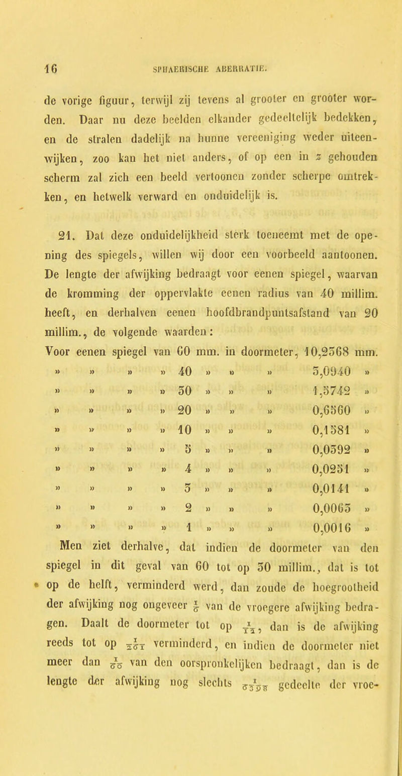 tie vorige figuur, terwijl zij Icvens al grooler cn grooter wor- den. Daar nu dcze beelden elkander gedeellelijk bedekken, en de stralen dadclijk na hunne verceniging weder uileen- wijken, zoo kan hct niel anders, of op een in z gehoudcn scbenn zal zicb een beeld vertooncn zonder scherpc omtrek- ken, en betwelk verward en onduidelijk is. 21. Dal deze onduidelijkheid slcrk toeneemt met de ope- ning des spiegels, willen vvij door een voorbecld aantoonen. De lengte der afwijking bedraagt voor eenen spiegel, waarvan de kroraming der oppervlakle eenen radius van 40 millim. lieeft, en derhalven eenen hoofdbrandpuntsafsland van 20 miliira., de volgende waardcn: Voor eenen spiegel van CO mm. in doormeter, 10,2568 mm. » » » » 40 » » » 5,0940 » » » » » 50 » » » 1,8742 » » » » » 20 » » » 0,6560 » » » » » 10 » » » 0,1581 » » » » » 5 >» » i) 0,0592 » •> » » » 4 a » a 0,0251 a » » » a 5 » a a 0,0141 » >* “ a » 2 „ „ „ 0,0065 a ” ” ” » 1 a » » 0,0016 » Men ziet derhalve, dal indieu de doormeter vau den spiegel in dit geval van 60 tot op 50 millim., dat is tot • op de helft, vermindcrd werd, dan zoude de liocgroolheid der afwijking nog ougevecr J van de vroegere afwijking bedra- gen. Daalt de doormeter lot op -1., dan is de afwijking reeds tot op vermindcrd, cn indien de doormeter niet mecr dan ^ van den oorspronkelijken bedraagt, dan is de lengte der afwijking nog slecbls gcdeclle der vroe-