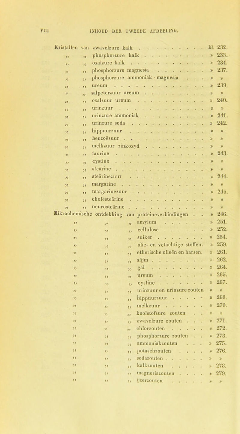 V1U 1NH0UD DEH TWEF.DE AEDEELlNG KristaUen van zwavelzure kalk . . hi. 232. 99 99 phosphorzure kalk » 233. J) 99 oxalzure kalk » 234. 99 99 pliosphorzure magnesia A 237. 99 99 phosphorzure ammoniak - magnesia - • A 9) 99 ureum . . A 239. » 99 salpeterzuur ureum 1) A 99 99 oxalzuur ureum A 240. 9 9 99 urinzuur 1) A 99 99 urinzure ammoniak A 241. 99 99 urinzure soda A 242. 99 99 hippuurzuur A A 99 99 benzoezuur . 1) A 99 99 melkzuur zinkoxyd A A 99 99 taurine » 243. 99 99 cystine J> » 99 99 stearine . . A A 99 99 stearinezuur » 244. 99 99 margarine . » A 99 99 margarinezuur . » 245. 9) 99 eholestearine 1) cc 99 99 neurostearine » » Miluochemische ontdekking van proteineverbindingen . A 246. 99 >• 99 amyl urn .... A 251. 99 99 99 cellulose .... . » 252. 99 99 99 suiker » 254. 9) 99 99 olie- en vetachlige stoften. » 259. 99 99 99 etherische olieen en harsen. 1) 261. 99 99 99 slijm A 262. 99 99 99 gal 264. 99 99 99 ureum » 265. 99 99 99 cystine » 267. 99 99 99 urinzuur en urinzure zouten A A 99 99 99 hippuurzuur . . . . - A 268. 99 99 99 melkzuur .... A 270. 99 99 99 koolstofzure zouten . A A 99 99 99 zwavelzure zouten . • A 271. 99 99 99 chlorzouten . . . . » 272. 99 9} 99 phosphorzure zouten . » 273. 99 99 99 annnouiakzouten . » 275. 99 9) 9) potaschzoulen . . . » 276. 99 99 99 sodazoutcn .... » A }> }l 99 kalkzoutcn . . . . A 278. J> 99 99 magnesiazoulen . . . . t 279. 9) 99 ijzerzoutcn . . . A A