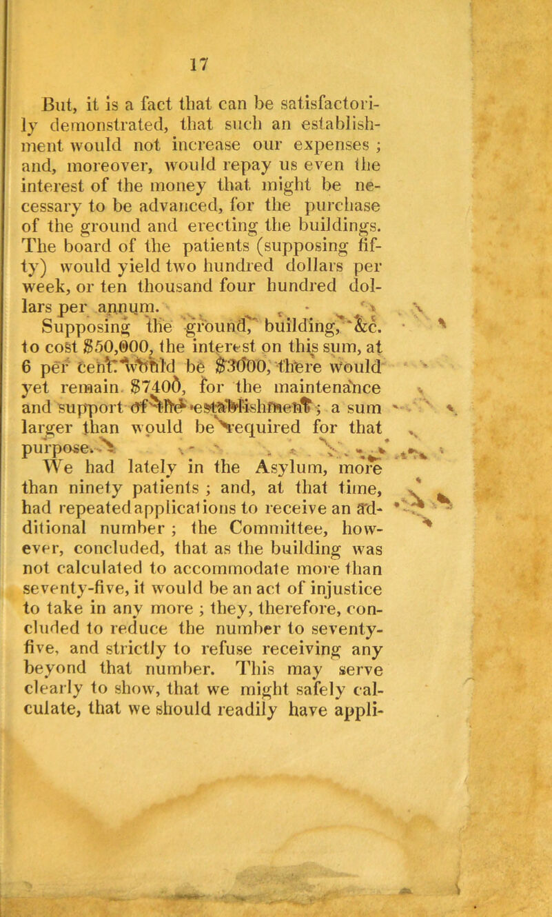 But, it is a fact that can be satisfactori- ly demonstrated, that such an establish- ment would not increase our expenses ; and, moreover, would repay us even ihe interest of the money that might be ne- cessary to be advanced, for the purchase of the ground and erecting the buildings. The board of the patients (supposing fif- ty) would yield two hundred dollars per week, or ten thousand four hundred dol- lars per annum. t Supposing the -ground'' building, ‘See. to cost $50,000, fhe interest on this sum, at 6 per Cehfc^vbtdd be $.'ld00, fh*ere Would yet remain. $740d, for the maintenance and support Of^tFh* *eM&Wishfweti1>; a sum larger than would beNequired for that purposed \ - ' . * V „ * * We had lately in the Asylum, more than ninety patients ; and, at that time, had repeated applications to receive an ad- ditional number ; the Committee, how- ever, concluded, that as the building was not calculated to accommodate more than seventy-five, it would be an act of injustice to take in any more ; they, therefore, con- cluded to reduce the number to seventy- five, and strictly to refuse receiving any beyond that number. This may serve clearly to show, that we might safely cal- culate, that we should readily have appli-