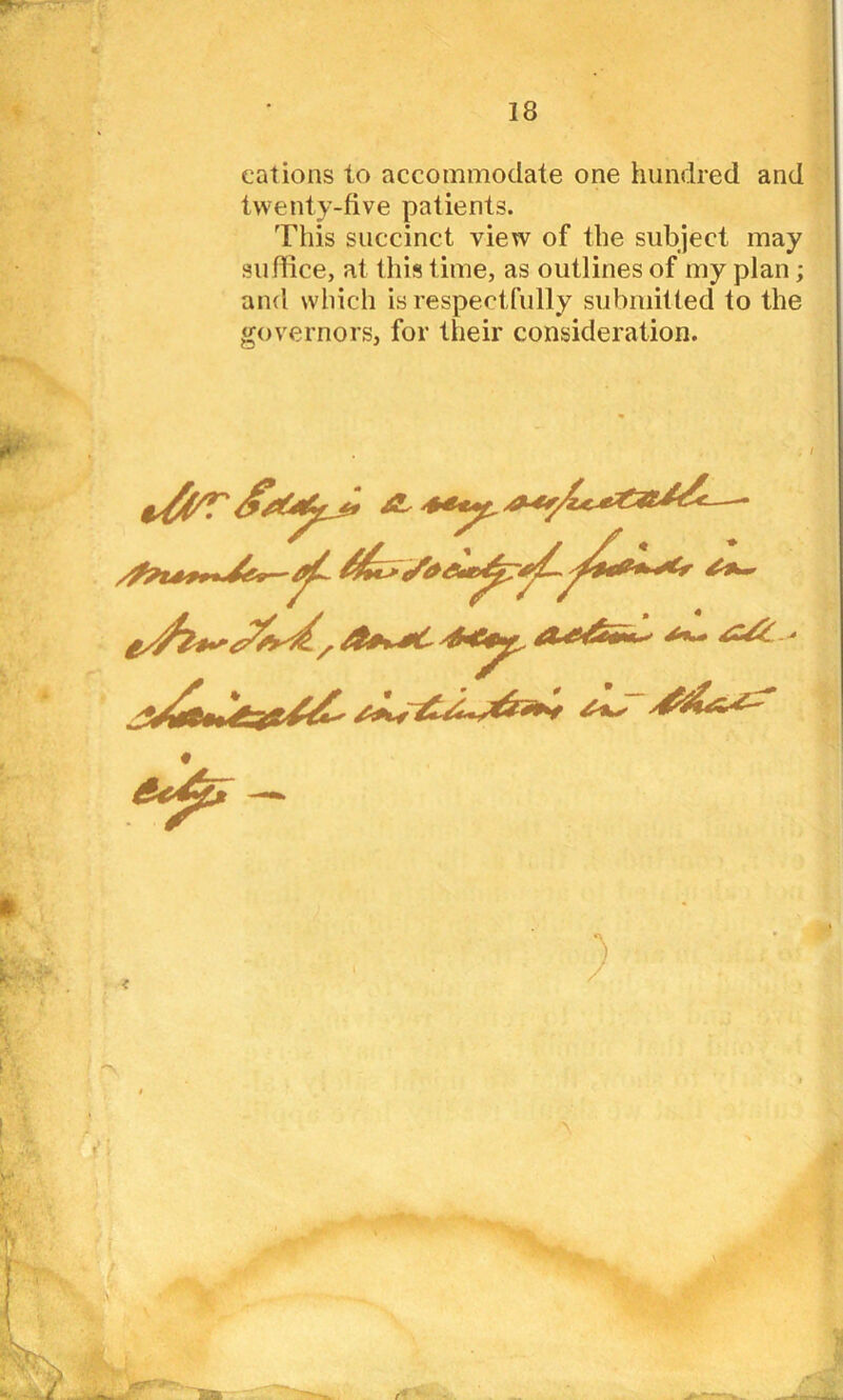 cations to accommodate one hundred and twenty-five patients. This succinct view of the subject may suffice, at this time, as outlines of my plan ; and which is respectfully submitted to the governors, for their consideration.