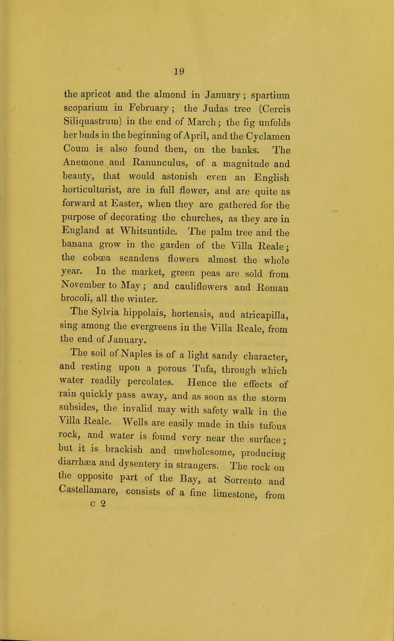 the apricot and the almond in January; spartium scoparium in February; the Judas tree (Cercis Siliquastrum) in the end of March; the fig unfolds her buds in the beginning of April, and the Cyclamen Coum is also found then, on the banks. The Anemone and Ranunculus, of a magnitude and beauty, that would astonish even an English horticulturist, are in full flower, and are quite as forward at Easter, when they are gathered for the purpose of decorating the churches, as they are in England at Whitsuntide. The palm tree and the banana grow in the garden of the Villa Reale; the coboea scandens flowers almost the whole year. In the market, green peas are sold from November to May; and cauliflowers and Roman brocoli, all the winter. The Sylvia hippolais, hortensis, and atricapilla, sing among the evergreens in the Villa Reale, from the end of January. The soil of Naples is of a light sandy character, and resting upon a porous Tufa, through which water readily percolates. Hence the effects of rain quickly pass away, and as soon as the storm subsides, the invalid may with safety walk in the Villa Reale. Wells are easily made in this tufous rock, and water is found very near the surface; but it is brackish and unwholesome, producing diarrhaea and dysentery in strangers. The rock on the opposite part of the Bay, at Sorrento and Castellamare, consists of a fine limestone, from