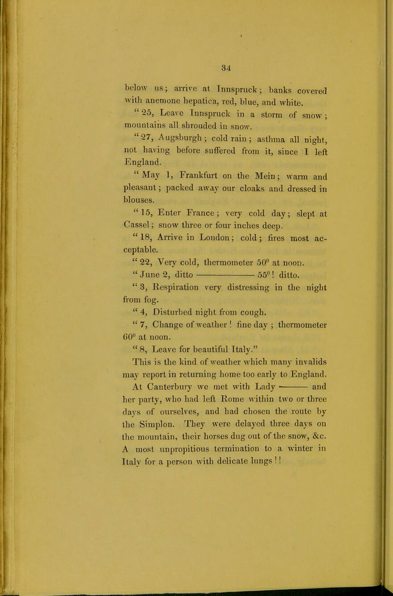 below us; arrive at Tnnspruck; banks covered with anemone hepatiea, red, blue, and white.  25, Leave Innspruck in a storm of snow; mountains all shrouded in snow. 27, Augsburgh; cold rain ; asthma all night, not having before suffered from it, since I left England. May 1, Frankfurt on the Mein; warm and pleasant; packed away our cloaks and dressed in blouses. 15, Enter France; very cold day; slept at Cassel; snow three or four inches deep. 18, Arrive in London; cold; fires most ac- ceptable.  22, Very cold, thermometer 50° at noon.  June 2, ditto 55! ditto.  3, Respiration very distressing in the night from fog.  4, Disturbed night from cough.  7, Change of weather ! fine day ; thermometer 00° at noon.  8, Leave for beautiful Italy. This is the kind of weather which many invalids may report in returning home too early to England. At Canterbury we met with Lady and her party, who had left Rome within two or three days of ourselves, and had chosen the route by the Simplon. They were delayed three days on the mountain, their horses dug out of the snow, &c. A most unpropitious termination to a winter in Italy for a person with delicate lungs !!