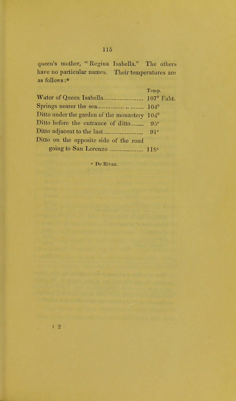 queen's mother,  Regina Isabella. The others have no particular names. Their temperatures are as follows :* Temp. Water of Queen Isabella 107° Faht. Springs nearer the sea 104° Ditto under the garden of the monastery 101° Ditto before the entrance of ditto 9;> Ditto adjacent to the last 91° Ditto on the opposite side of the road going to San Lorenzo 118° * De Rivaz.