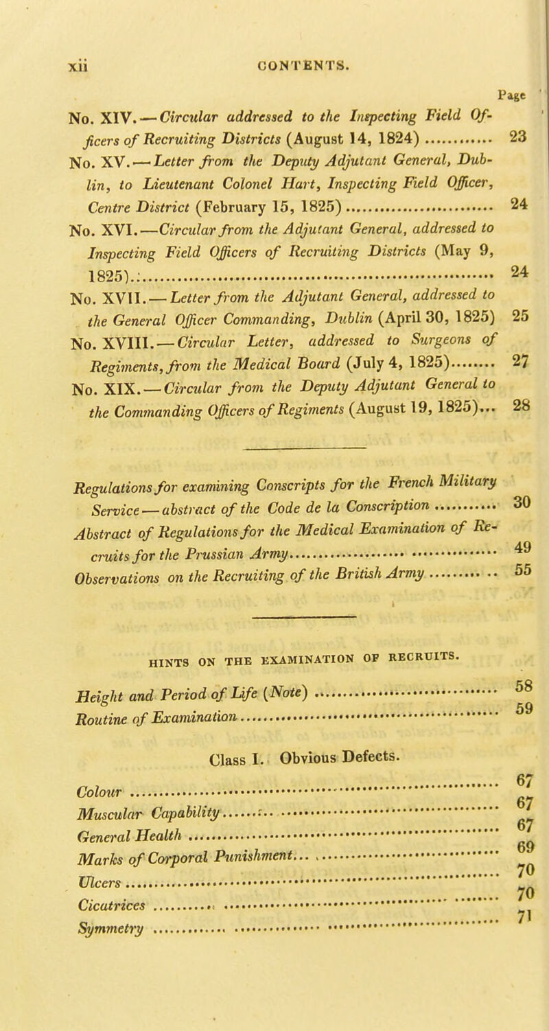 Page No. XIV. — Circular addressed to the Inspecting Field Of- ficers of Recruiting Districts (August 14, 1824) 23 No. XV. — Letter from the Deputy Adjutant General, Dub- lin, to Lieutenant Colonel Hart, Inspecting Field Officer, Centre District (February 15, 1825) 24 No. XVI.—Circular from the Adjutant General, addressed to Inspecting Field Officers of Recruiting Districts (May 9, 1825).; 24 No. XVII. — Letter from the Adjutant General, addressed to the General Officer Commanding, Dublin (April 30, 1825) 25 No. XVIII. — Circular Letter, addressed to Surgeons of Regiments, from the Medical Board (July 4, 1825) 27 No. XIX. — Circular from the Deputy Adjutant General to the Commanding Officers of Regiments (August 19, 1825)... 28 Regulations for examining Conscripts for the French Military Service —abstract of the Code de la Conscription Abstract of Regulations for the Medical ExaminaAon of Re- cruits for the Prussian Army • Observations on the Recruiting of the British Army HINTS ON THE EXAMINATION OF RECRUITS. Height and Period of Life {Note) 58 Routine of Examination Class I. Obvious Defects. Colour Muscular Capability : • General Health Marks of Corporal Punishment Ulcers..., * Cicatrices ^ .••  Symmetry •