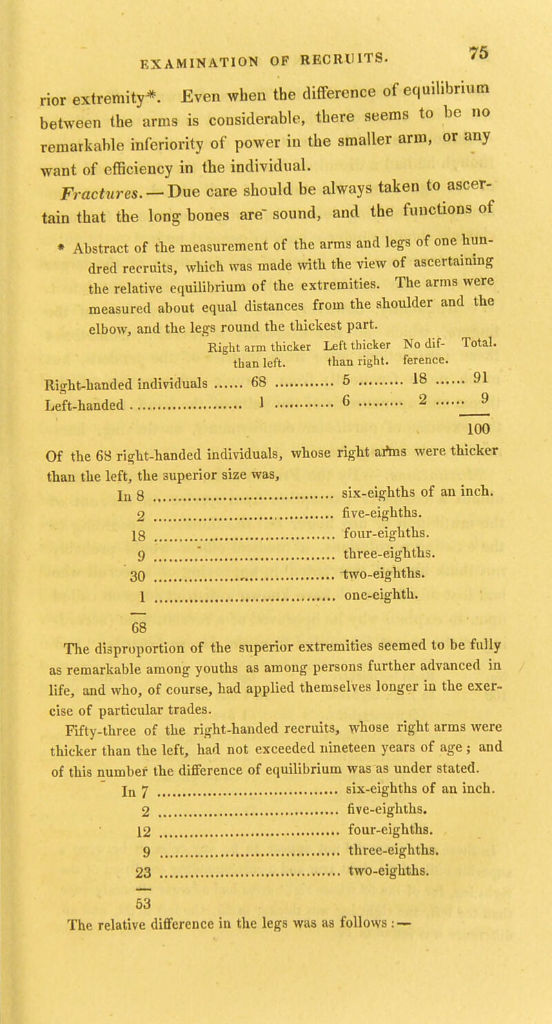 rior extremity*. Even when the difference of equilibrium between the arms is considerable, there seems to be no remarkable inferiority of power in the smaller arm, or any want of efficiency in the individual. Fractures. —T>ue care should be always taken to ascer- tain that the long bones are' sound, and the functions of * Abstract of the measurement of the arms and legs of one hun- dred recruits, which was made with the view of ascertaining the relative equilibrium of the extremities. The arms were measured about equal distances from the shoulder and the elbow, and the legs round the thickest part. Right arm thicker Left thicker No dif- Total, than left. than right, ference. Right-handed individuals 68 6 18 91 Left-handed 1 6 2 9 100 Of the 68 right-handed individuals, whose right aAns were thicker than the left, the superior size was, Ijj g six-eighths of an inch. 2 , five-eighths. 18 four-eighths. 9 three-eighths. 30 , two-eighths. 1 one-eighth. 68 The disproportion of the superior extremities seemed to be fully as remarkable among youths as among persons further advanced in life, and who, of course, had applied themselves longer in the exer- cise of particular trades. Fifty-three of the right-handed recruits, whose right arms were thicker than the left, had not exceeded nineteen years of age ; and of this number the difference of equilibrium was as under stated. Jq 7 six-eighths of an inch. 2 five-eighths. 12 four-eighths. 9 three-eighths. 23 two-eighths. 53 The relative difference in the legs was as follows: —