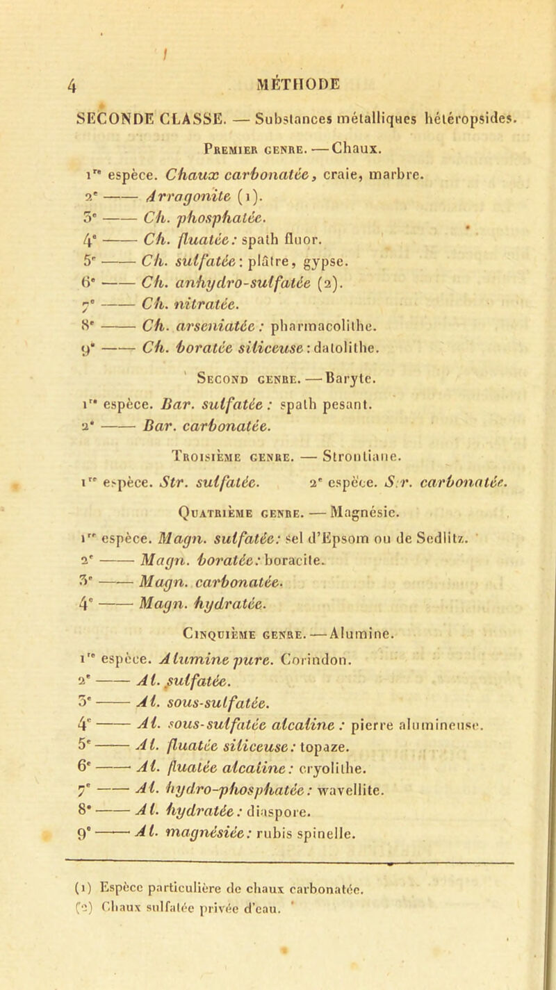 I 4 MÉTHODE SECONDE CLASSE. — Substances métalliques héléropsicles. Premier genre.—Chaux. i espèce. Chaux carhonatéc, craie, marbre. a' drragonite (i). 5' Ch. 'phosphatée, 4' Ch. fluatée: spath fluor. 5' Ch. sulfatée,: plâtre, gypse. 6* Ch. anhydro-sulfatée (a). 7° Ch. nitratée. 8' Ch. arseniatée : pharmacolithe. 9* Ch. 'boratée siliceuse :A-A\.oWl\\e. Second genre.—Baryte, r* espece. Bar. sulfatée: spath pesant, a* Bar. carhonatée. Troisième genre. — Strontiaiie. I espèce. Str. sulfatée. a' espece. S r. carhonatée. Quatrième genre. — Magnésie. I espèce. Magn. sulfatée: sel d’Epsom ou de Sedlit/.. a' Magn. horatée.‘hoTAcûe. ^>' Magn, carhonatée. 4° Magn. hydratée. Cinquième genre.—Alumine, i espèce. Alumine pure. Corindon. a' A l. sulfatée. 5' Al. sous-sulfatée. 4' .dl. sous-sulfatée alcaline: pierre alumineuse. 5' Al. fluatée siliceuse: topaze. 6* Al. fluatée alcaline: cryolilhe. 7' -dl. hydro-phosphatée : wavellite. 8* A l. hydratée : diuspore. 9’ dl. magnésiée: ruhis spinelle. (i) Espèce particulière de cliaux carbonatèc. Ce) Chaux sulfatée privée d’eau.