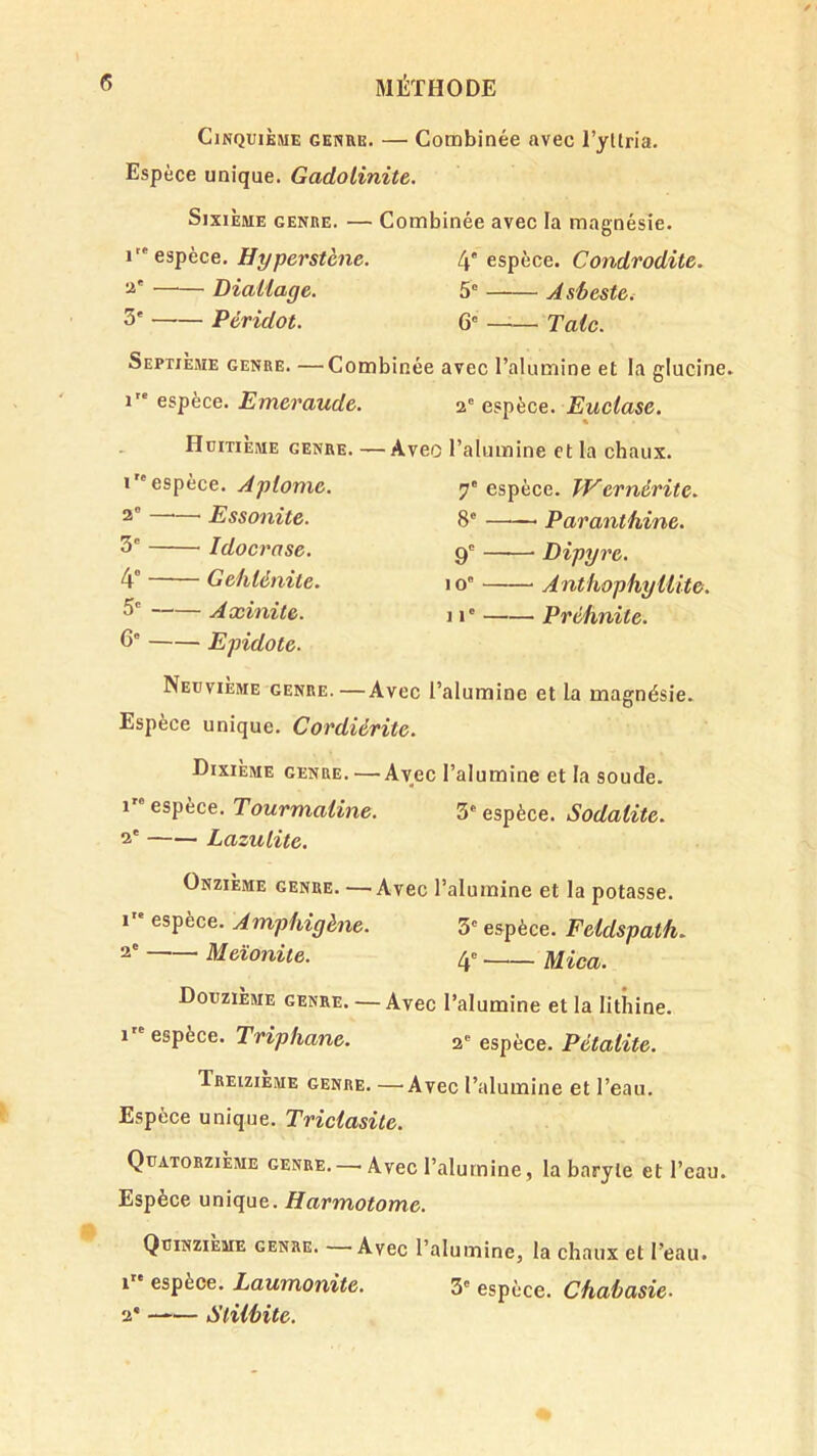 Cinquième genre. — Combinée avec l’yüria. Espèce unique. Gadolinite, Sixième genre. — Combinée avec la magnésie. i'” Hyperstcne. 4'espèce. Condrodite. DiaUage. 5“ Asheste, 3' Péridot. 6' Talc. Septième genre. —Combinée avec l’alumine et la glucine. 1 espèce. Emeraude. 2» espèce. Euclase. Huitième genre. —Avec l’alumine et la chaux. I espèce. Aplome. y* espèce. Wernérite. 2” Essonite. 8' —^—• Paranthine. 3' Idocrase. 9' Dipyre. 4” Gehlénite. 10” Anthophyilite. 5' Axinite. 11' Préhnite. 6' Epidote. Neuvième genre. — Avec l’alumine et la magnésie. Espèce unique. Cordiérite. Dixième genre. — Avec l’alumine et la soucie. 1” espèce. Tourmaline. 5” espèce. Sodalite. 2' Lazulite. Onzième genre. —'Avec l’alumine et la potasse. 1 espèce. Amphigène. 3' espèce. Feldspath, 2' Meïonüe. 4= Douzième genre. — Avec l’alumine et la litîiine. 1 espece. Triphane. 2' espèce. Pétalite. TREIZIEME GENRE. —Avec l’alumiiie et l’eau. Espèce unique. Triclasite. Quatorzième genre. — Avec l’alumine, la baryte et l’eau. Espèce unique. Harmotome. Quinzième genre. Avec l’alumine, la chaux et l’eau. 1” espèce. Laumonite. 3' espèce. Chahasie. a’ —'— Stilhite.