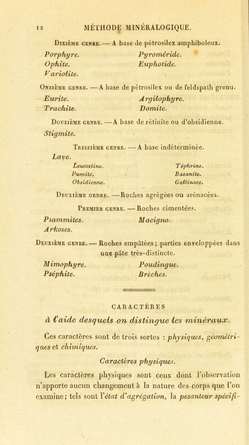 Dixième GE^RE. — A base de pétrosilex amphiboleux. Porphyre. Pyroméride. Ophite. Euphotide. Variolite. Onzième genre. —A base de pétrosilex ou de feldspath grenu. Eurite. ArgUophyre. Trachite. Domite. Douzième genre.—A base derétinile ou d’obsidienne. Stigmite. Treizième genre. —A base indéterminée. Lave. Lcucosline. T éplirine. Pumite. Obsidienne. Dasanite. GaUinace, Deuxième ordre. —Roches agrégées ou arénacées. Premier genre. —Roches cimentées. Psammites. Macigno. A rkoses. Deuxième genre Roches empâtées; parties enveloppées dans une pâte très-distincte. Mimophyre. Poudingue. Pséphite. Brèches. CARACTÈRES à l'aide desquels on distingue les minéraux. Ces caracti^res sont de trois sortes : physiques, géométri- ques et chimiques. Caractères physiques. Les caractères physiques sont ceux dont l’observation n’apporte aucun changement à la nature des corps que l’on examine; tels sont Vétat d'agrégation, la pesanteur spécifi-