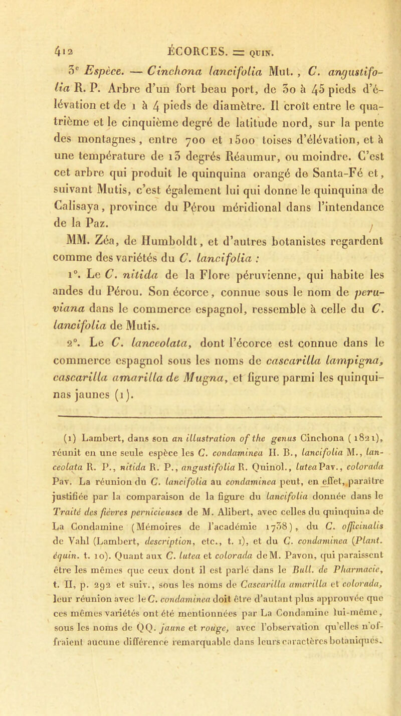 5® Espèce. — Cinchona laneifolia Mul. , C. anpustifo- lia R. P. Arbre d’un fort beau port, de 5o à 45 pieds d’é- lévation et de 1 à 4 pieds de diamètre. Il croît entre le qua- trième et le cinquième degré de latitude nord, sur la pente des montagnes, entre 700 et i5oo toises d’élévation, et à une température de i5 degrés Réaumur, ou moindre. C’est cet arbre qui produit le quinquina orangé de Santa-Fé et, suivant Mutis, c’est également lui qui donne le quinquina de Calisaya, province du Pérou méridional dans l’intendance de la Paz. j MM. Zéa, de Humboldt, et d’autres botanistes regardent comme des variétés du C. laneifolia : i“. Le C. nitida de la Flore péruvienne, qui habite les andes du Pérou. Son écorce, connue sous le nom de pcrii- viana dans le commerce espagnol, ressemble à celle du C. laneifolia de Mutis. 2°. Le C. lanccolata, dont l’écorce est connue dans le commerce espagnol sous les noms de cascarilla lampigna, cascarilla amarilla de Mugna, et figure parmi les quinqui- nas jaunes (1 ). (1) Lambert, dans son an illustration of tlie genus Cinchona ( 1821), réunit en une seule espèce les C. condaminea II. B., laneifolia M., lan- ceolqta R. P., nitida R. P., angustifolia R. Quinol., luteaVav., cotorada Pav. La réunion du C. laneifolia au eondaminca peut, en effet,.paraître justifiée par la comparaison de la figure du laneifolia donnée dans le Traité des fièvres pernieieuses de M. Alibert, avec celles du quinquina de La Condamine (Mémoires de l’académie 1758), du C. offieinalis de Vahl (Lambert, deseription, etc., t. i), et du C. eondaminca {Plant, équin, t. 10). Quant aux C. lutea et colorada deM. Pavon, t[ui paraissent être les mêmes que ceux dont il est parlé dans le Bull, de Pharmacie, t. II, p. 202 et suiv., sous les noms de Cascarilla amarilla et colorada, leur réunion avec leC. condaminea doit être d’autant plus approuvée que ces mêmes variétés ont été mentionnées par La Coiulamine lui-rnêmc, sous les noms de QQ. jaune et rouge, avec l’observation qu’elles nol- fraieul aucune différence remarquable dans leurs caractères botaniques.