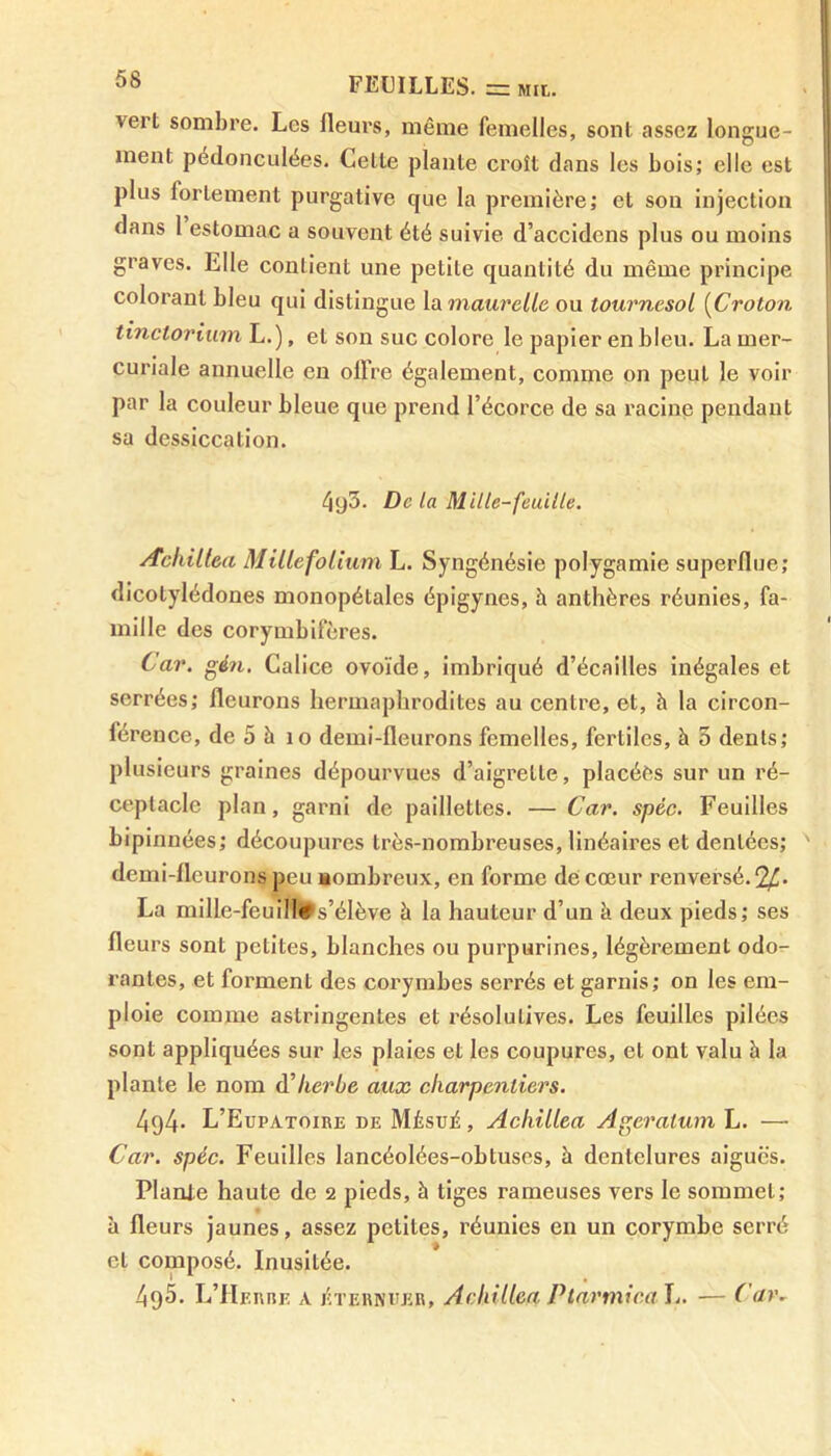 vert sombre. Les fleurs, même femelles, sont assez longue- ment pédonculées. Celte plante croît dans les bois; elle est plus lorlement purgative tjue la première; et son injection dans l estomac a souvent été suivie d’accidcns plus ou moins graves. Elle contient une petite quantité du même principe colorant bleu qui distingue la maurclle ou tournesol (Croton tinctorium L.), et son suc colore le papier en bleu. La mer- curiale annuelle en offre également, comme on peut le voir par la couleur bleue que prend l’écorce de sa racine pendant sa dessiccation. 4y3. De la Mille-feuille. Aclùllea Millefolium L. Syngénésie polygamie superflue; dicotylédones monopétales épigynes, h anthères réunies, fa- mille des corymbifères. Car. gén. Calice ovoïde, imbriqué d’écailles inégales et serrées; fleurons hermaphrodites au centre, et, à la circon- férence, de 5 à 10 demi-fleurons femelles, fertiles, à 5 dents; plusieurs graines dépourvues d’aigrette, placées sur un ré- ceptacle plan, garni de paillettes. —Car. spéc. Feuilles bipinnées; découpures très-nombreuses, linéaires et dentées; ' demi-fleurons peu nombreux, en forme de cœur renversé. 2£. La mille-feuill^s’élève à la hauteur d’un à deux pieds; ses fleurs sont petites, blanches ou purpurines, légèrement odo- rantes, et forment des corymbes serrés et garnis; on les em- ploie comme astringentes et résolutives. Les feuilles pilées sont appliquées sur les plaies et les coupures, et ont valu à la plante le nom d’herbe aux charpentiers. 4q4- L’Eupatoire de Mésué, Aclùllea Agératum L. — Car. spéc. Feuilles Iancéolées-obluses, à dentelures aiguës. Plante haute de 2 pieds, à tiges rameuses vers le sommet; à fleurs jaunes, assez petites, réunies en un corymbe serré et composé. Inusitée. 4q5. L’Herbe a éternuer, Aclùllea Ptarmica L. — Car-