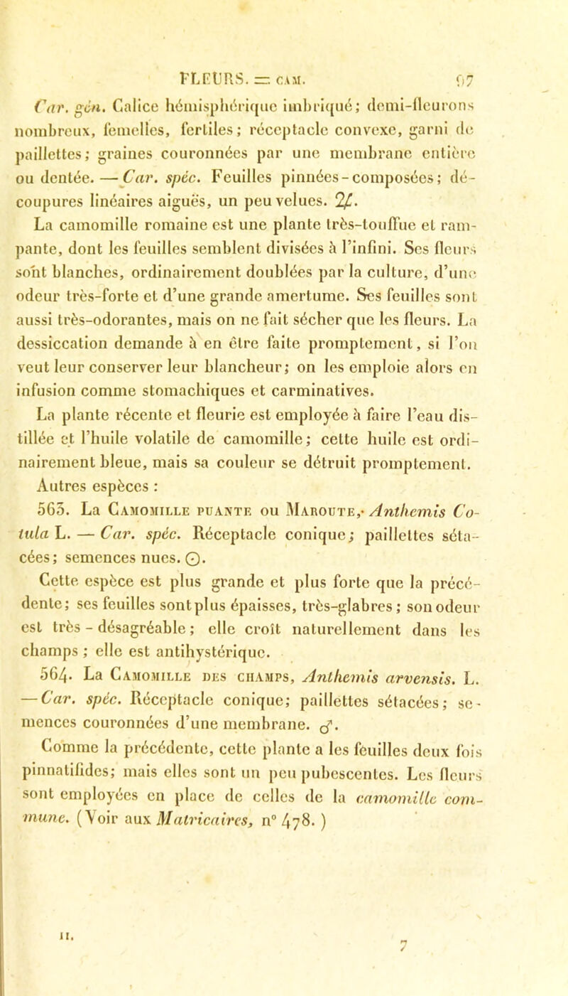 FLEURS. —. cam. o? Car. gén. Calice hémisphérique imbriqué; demi-fleurons nombreux, femelles, fertiles; réceptacle convexe, garni de paillettes; graines couronnées par une membrane entière ou dentée. — Car. spéc. Feuilles pinnées-composées; dé- coupures linéaires aiguës, un peu velues. 2£. La camomille romaine est une plante très-touffue et ram- pante, dont les feuilles semblent divisées à l’infini. Ses fleurs sont blanches, ordinairement doublées par la culture, d’une odeur très-forte et d’une grande amertume. Ses feuilles sont aussi très-odorantes, mais on ne fait sécher que les fleurs. La dessiccation demande h en être laite promptement, si l’on veut leur conserver leur blancheur; on les emploie alors en infusion comme stomachiques et carminatives. La plante récente et fleurie est employée à faire l’eau dis- tillée et l’huile volatile de camomille; celte huile est ordi- nairement bleue, mais sa couleur se détruit promptement. Autres espèces : 563. La Camomille puante ou Maroute,- Anthémis Co- uda L.— Car. spéc. Réceptacle conique; paillettes séta- cées; semences nues. Q. Cette espèce est plus grande et plus forte que la précé- dente; ses feuilles sontplus épaisses, très-glabres; son odeur est très - désagréable ; elle croît naturellement dans les champs ; elle est antihystérique. 564- La Camomille des champs, Anthémis arvensis. L. — Car. spéc. Réceptacle conique; paillettes sétacées; se- mences couronnées d’une membrane, tf. Comme la précédente, cette plante a les feuilles deux fois pinnatifides; mais elles sont un peu pubcscenles. Les fleurs sont employées en place de celles de la camomille com- mune. (Voir aux Matricaircs, n° 478. ) 11. /