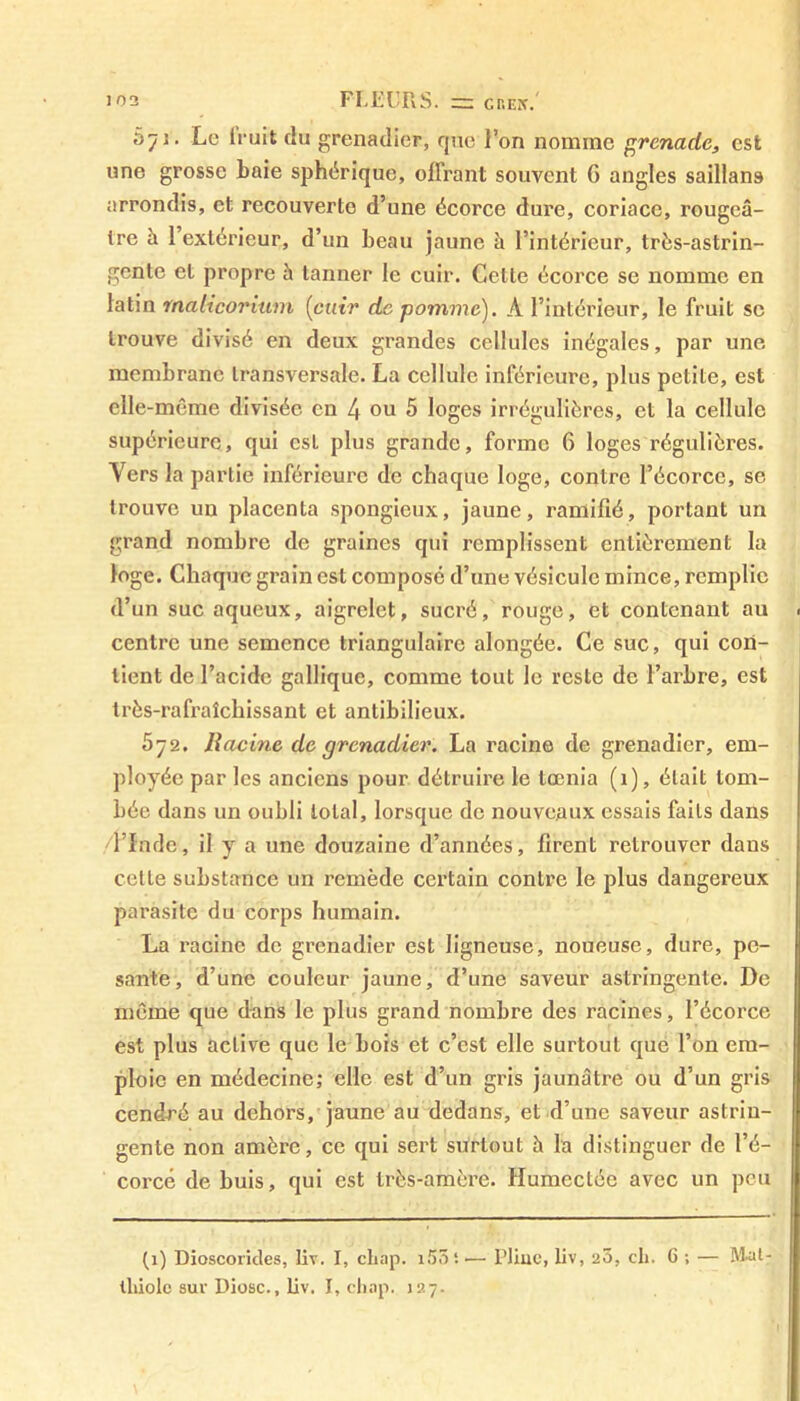 671. Le lruit du grenadier, que l’on nomme grenade, est une grosse baie sphérique, offrant souvent G angles saillans arrondis, et recouverte d’une écorce dure, coriace, rougeâ- tre â 1 extérieur, d’un beau jaune h l’intérieur, très-astrin- gente et propre à tanner le cuir. Cette écorce se nomme en latin maUcorium [cuir de pomme). À l’intérieur, le fruit se trouve divisé en deux grandes cellules inégales, par une membrane transversale. La cellule inférieure, plus petite, est elle-même divisée en 4 ou 5 loges irrégulières, et la cellule supérieure, qui est plus grande, forme G loges régulières. Vers la partie inférieure de chaque loge, contre l’écorce, se trouve un placenta spongieux, jaune, ramifié, portant un grand nombre de graines qui remplissent entièrement la loge. Chaque grain est composé d’une vésicule mince, remplie d’un suc aqueux, aigrelet, sucré, rouge, et contenant au centre une semence triangulaire alongée. Ce suc, qui coii- lient de l’acide gallique, comme tout le reste de l’arbre, est très-rafraîchissant et antibilieux. 572. liacine de grenadier. La racine de grenadier, em- ployée par les anciens pour détruire le tœnia (1), était tom- bée dans un oubli total, lorsque de nouveaux essais faits dans ■l’Inde, il y a une douzaine d’années, firent retrouver daus cette substance un remède certain contre le plus dangereux parasite du corps humain. La racine de grenadier est ligneuse, noueuse, dure, pe- sante, d’une couleur jaune, d’une saveur astringente. De même que dans le plus grand nombre des racines, l’écorce est plus active que le bois et c’est elle surtout que l’on em- ploie en médecine; elle est d’un gris jaunâtre ou d’un gris cendré au dehors, jaune au dedans, et d’une saveur astrin- gente non amère, ce qui sert surtout h la distinguer de l’é- corcé de buis, qui est très-amère. Humectée avec un peu (1) Dioscorides, liv. I, chap. i55 — Pliuc, liv, 23, ch. 6 ; — IMat- lliiolc sur Diosc., liv. I, chap. 127.