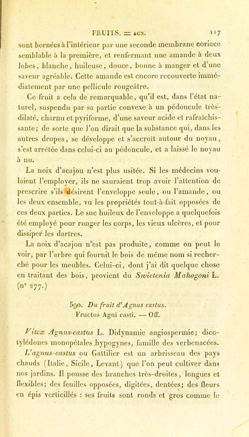 sont bornées à l’intérieur par une seconde membrane coriace semblable à la première, et renfermant une amande à deux lobes, blanche, huileuse, douce, bonne h manger cl d’une saveur agréable. Celte amande est encore recouverte immé- diatement par une pellicule rougeâtre. Ce fruit a cela de remarquable, qu’il est, dans l’état na- turel, suspendu par sa partie convexe à un pédoncule très- dilaté, charnu et pyrilorme, d’une saveur acide et rafraîchis- sante; de sorte que l’on dirait que la substance qui, dans les autres drupes, se développe et s’accroît autour du noyau, s’est arrêtée dans celui-ci au pédoncule, et a laissé le noyau h nu. La noix d’acajou n’est plus usitée. Si les médecins vou- laient l’employer, ils ne sauraient trop avoir l’attention de prescrire s’ils*désirent l’enveloppe seule, ou l’amande, ou les deux ensemble, vu les propriétés tout-h-fait opposées de ces deux parties. Le suc huileux de l’enveloppe a quelquefois été employé pour ronger les corps, les vieux ulcères, et pour dissiper les dartres. La noix d’acajou n’est pas produite, comme on peut le voir, par l’arbre qui fournit le bois de même nom si recher- ché pour les meubles. Celui-ci, dont j’ai dit quelque chose en traitant des bois, provient du Sivietcnia Maliogoni L. (n’ 277.) 5go. Du fruit d’Agnus castus. Fructus Agni casti. —Off. Vilcx Agnus-castus L. Didynamie angiospermie; dico- tylédones monopétales hypogynes, famille des verbenacées. U agnus-castus ou Galtilier est un arbrisseau des pays chauds (Italie, Sicile, Levant) que l’on peut cultiver dans nos jardins. Il pousse des branches très-droites, longues et flexibles; des feuilles opposées, digitées, dentées; des fleurs en épis vcrticillés : ses fruits sont ronds et gros comme le