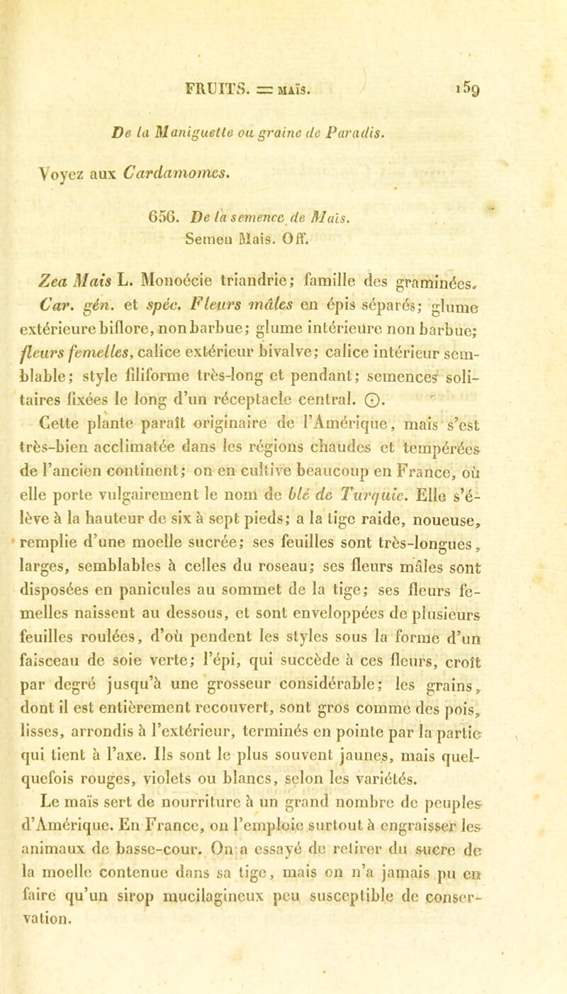 De ta Maniguette ou graine île Paradis. Voyez aux Cardamomes. 656. De la semence de Mais. Setneu Mais. Off. Zca iMais L. Monoécie triandrie; famille des graminées. Car. gén. et spéc. Fleurs mâles en épis séparés; glume extérieure biflore, non barbue; glume intérieure non barbue; fleurs femelles, calice extérieur bivalve; calice intérieur sem- blable; style filiforme très-long et pendant; semences soli- taires fixées le long d’un réceptacle central. ©. Cette plante paraît originaire de l’Amérique, mais s’est très-bien acclimatée dans les régions chaudes et tempérées de l’ancien continent; on en cultive beaucoup en France, où elle porte vulgairement le nom de Lié de Turquie. E11g s’é- lève à la hauteur de six à sept pieds; a la lige raide, noueuse, remplie d’une moelle sucrée; ses feuilles sont très-longues, larges, semblables à celles du roseau; ses fleurs mâles sont disposées en panicules au sommet de la tige; ses fleurs fe- melles naissent au dessous, et sont enveloppées de plusieurs feuilles roulées, d’où pendent les styles sous la forme d’un faisceau de soie verte; l’épi, qui succède à ces fleurs, croît par degré jusqu’à une grosseur considérable; les grains, dont il est entièrement recouvert, sont gros comme des pois, lisses, arrondis à l’extérieur, terminés en pointe par la partie qui tient à l’axe. Ils sont le plus souvent jaunes, mais quel- quefois rouges, violets ou blancs, selon les variétés. Le maïs sert de nourriture à un grand nombre de peuples d’Amérique. En France, on l’emploie surtout à engraisser les animaux de basse-cour. On a essayé de retirer du sucre de la moelle contenue dans sa tige, mais on n’a jamais pu en hure qu’un sirop mucilagincux peu susceptible de conser- vation.