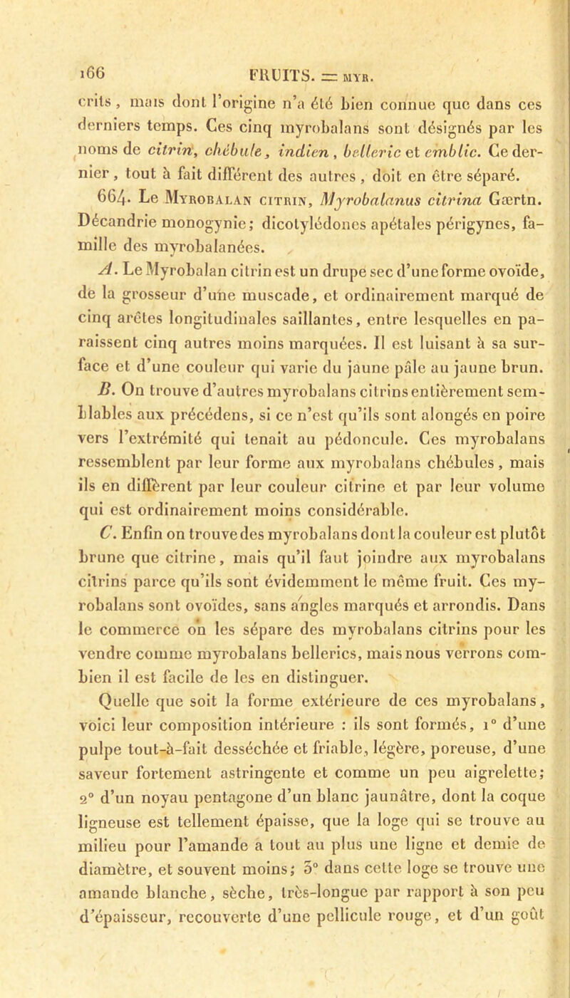 crils, mais dont l’origine n’a été bien connue que dans ces derniers temps. Ces cinq înyrobalans sont désignés par les noms de citrin, ohébute, indien, belleric et cimblic. Ce der- nier , tout à fait différent des autres , doit en être séparé. 664. Le Myrobalan citrin, Myrobalanus citrina Gærtn. Décandrie monogynie; dicotylédones apétales périgynes, fa- mille des myrobalanées. A. Le Myrobalan citrin est un drupe sec d’une forme ovoïde, de la grosseur d’une muscade, et ordinairement marqué de cinq arêtes longitudinales saillantes, entre lesquelles en pa- raissent cinq autres moins marquées. Il est luisant à sa sur- face et d’une couleur qui varie du jaune pâle au jaune brun. B. On trouve d’autres myrobalans cilrins entièrement sem- blables aux précédens, si ce n’est qu’ils sont alongés en poire vers l’extrémité qui tenait au pédoncule. Ces myrobalans ressemblent par leur forme aux myrobalans chébules, mais ils en diffèrent par leur couleur cilrine et par leur volume qui est ordinairement moins considérable. C. Enfin on trouve des myrobalans dont la couleur est plutôt brune que citrine, mais qu’il faut joindre aux myrobalans cilrins parce qu’ils sont évidemment le même fruit. Ces my- robalans sont ovoïdes, sans angles marqués et arrondis. Dans le commerce on les sépare des myrobalans citrins pour les vendre comme myrobalans bellerics, mais nous verrons com- bien il est facile de les en distinguer. Quelle que soit la forme extérieure de ces myrobalans, voici leur composition intérieure : ils sont formés, i° d’une pulpe tout-à-fait desséchée et friable, légère, poreuse, d’une saveur fortement astringente et comme un peu aigrelette; 20 d’un noyau pentagone d’un blanc jaunâtre, dont la coque ligneuse est tellement épaisse, que la loge qui se trouve au milieu pour l’amande a tout au plus une ligne et demie de diamètre, et souvent moins; 5° dans celle loge se trouve une amande blanche, sèche, très-longue par rapport à son peu d’épaisseur, recouverte d’une pellicule rouge, et d’un goût