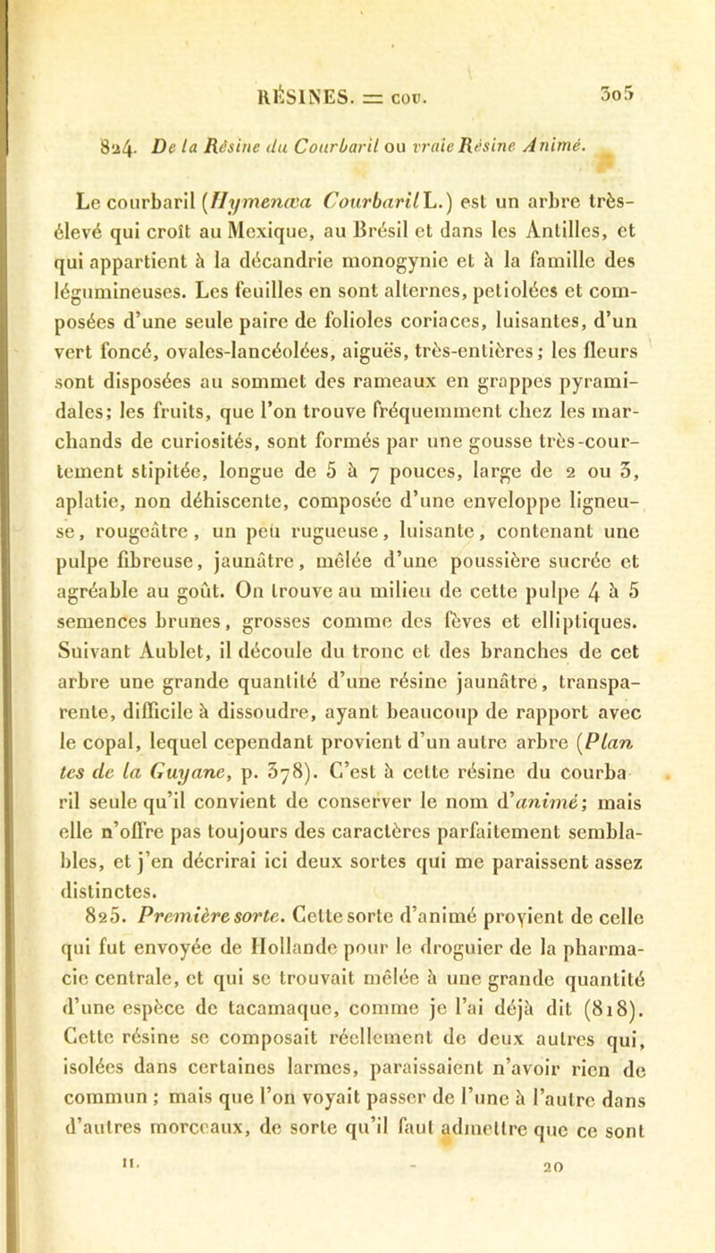 824- De ta Résine du Courbaril ou vraie Résine Animé. Le courbaril [Hymenœa CourbarilL.) est un arbre très- élevé qui croît au Mexique, au Brésil et dans les Antilles, et qui appartient à la décandrie monogynic et à la famille des légumineuses. Les feuilles en sont alternes, petiolées et com- posées d’une seule paire de folioles coriaces, luisantes, d’un vert foncé, ovales-lancéolées, aiguè's, très-entières,* les fleurs sont disposées au sommet des rameaux en grappes pyrami- dales; les fruits, que l’on trouve fréquemment chez les mar- chands de curiosités, sont formés par une gousse très-cour- tement stipitée, longue de 5 à 7 pouces, large de 2 ou 5, aplatie, non déhiscente, composée d’une enveloppe ligneu- se, rougeâtre, un peu rugueuse, luisante, contenant une pulpe fibreuse, jaunâtre, mêlée d’une poussière sucrée et agréable au goût. On trouve au milieu de cette pulpe 4^5 semences brunes, grosses comme des fèves et elliptiques. Suivant Aublet, il découle du tronc et des branches de cet arbre une grande quantité d’une résine jaunâtre, transpa- rente, difficile à dissoudre, ayant beaucoup de rapport avec le copal, lequel cependant provient d’un autre arbre (Plan tes de la Guyane, p. 378). C’est à celte résine du courba ril seule qu’il convient de conserver le nom d’animé; mais elle n’offre pas toujours des caractères parfaitement sembla- bles, et j’en décrirai ici deux sortes qui me paraissent assez distinctes. 820. Première sorte. Cette sorte d’animé proyient de celle qui fut envoyée de Hollande pour le droguier de la pharma- cie centrale, et qui se trouvait mêlée h une grande quantité d’une espèce de tacainaque, comme je l’ai déjà dit (818). Cette résine se composait réellement de deux autres qui, isolées dans certaines larmes, paraissaient n’avoir rien de commun ; mais que l’on voyait passer de l’une à l’autre dans d’autres morceaux, de sorte qu’il faut admettre que ce sont 11. 20