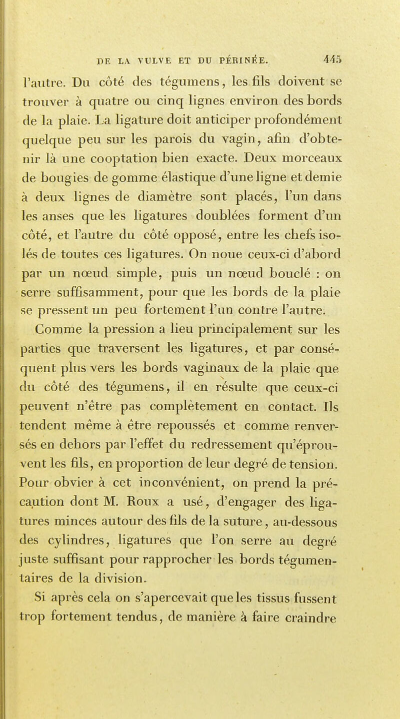 l'autre. Du côté des tégumens, les fils doivent se trouver à quatre ou cinq lignes environ des bords de la plaie. La ligature doit anticiper profondément quelque peu sur les parois du vagin, afin d'obte- nir là une cooptation bien exacte. Deux morceaux de bougies de gomme élastique d'une ligne et demie à deux lignes de diamètre sont placés, l'un dans les anses que les ligatures doublées forment d'un côté, et l'autre du côté opposé, entre les cbefs iso- lés de toutes ces ligatures. On noue ceux-ci d'abord par un nœud simple, puis un nœud bouclé : on serre suffisamment, pour que les bords de la plaie se pressent un peu fortement l'un contre l'autre. Comme la pression a lieu principalement sur les parties que traversent les ligatures, et par consé- quent plus vers les bords vaginaux de la plaie que du côté des tégumens, il en résulte que ceux-ci peuvent n'être pas complètement en contact. Us tendent même à être repoussés et comme renver- sés en dehors par l'effet du redressement qu'éprou- vent les fils, en proportion de leur degré de tension. Pour obvier à cet inconvénient, on prend la pré- caution dont M. Roux a usé, d'engager des liga- tures minces autour des fils de la suture, au-dessous des cylindres, ligatures que l'on serre au degré juste suffisant pour rapprocher les bords tégumen- taires de la division. Si après cela on s'apercevait que les tissus fussent trop fortement tendus, de manière à faire craindre