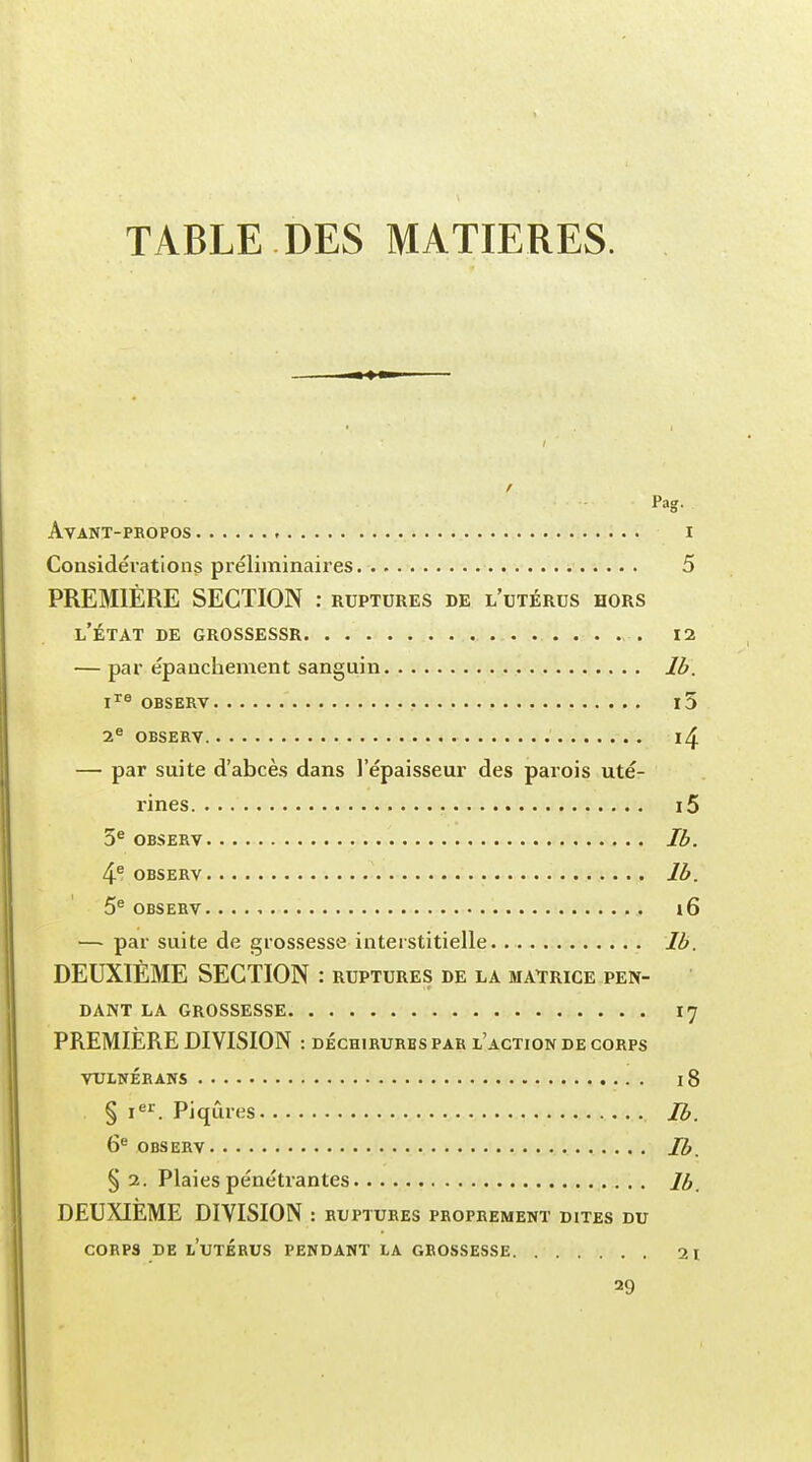 TABLE DES MATIERES. Pag. AvANT-PROPOS I Considérations préliminaires. 5 PREMIÈRE SECTION : ruptures de l'utérus hors l'état de grossessr 12 — par épanchement sanguin Ib. ire observ i5 2e OBSERV l4 — par suite d'abcès dans l'épaisseur des parois uté- rines i5 5e observ Ib. 4e OBSERV lb. 5e OBSERV l6 — par suite de grossesse interstitielle Ib. DEUXIÈME SECTION : ruptures de la matrice pen- dant LA GROSSESSE 17 PREMIÈRE DIVISION : déchirures par l'action de corps VULNERANS l8 § Ier. Piqûres Ib. 6e OBSERV Ib. § 2. Plaies pénétrantes lb. DEUXIEME DIVISION : ruptures proprement dites du CORPS DE LUTÉRUS PENDANT LA GROSSESSE 21 29