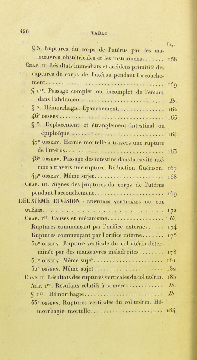-156 TABLE § 3. Ruptures du corps de l'utérus par les ma- nœuvres obstétricales et les instrumens i58 Chap. h. Résultats immédiats et accidens primitifs des ruptures du corps de l'utérus pendant l'accouche- ment • i59 § Ier. Passage complet ou incomplet de l'enfant dans l'abdomen § 2. Hémorrhagie. Epanchement 162 46e observ 165 § 3. Déplacement et étranglement intestinal ou épiploïque ■ .. ^4 47e observ. Hernie mortelle à travers une rupture de l'utérus ifô 48e observ. Passage des intestins dans la cavité uté- rine à travers une rupture. Réduction. Guérison. 167 4ge observ. Même sujet 168 Chap. m. Signes des [ruptures du corps de l'utérus pendant l'accouchement 169 DEUXIÈME DIVISION : ruptures verticales du col UTÉRIN 172 Chap. Ier. Causes et mécanisme Ib. Ruptures commençant par l'orifice externe 174 Ruptures commençant par l'orifice interne 175 5oe observ. Rupture verticale du col utérin déter- minée par des manœuvres maladroites 178 5ie observ. Même sujet 181 52e observ. Même sujet 182 Chap. ii. Résultatsdes ruptures verticales du col utérin. i85 Art. 1e1'. Résultats relatifs à la mère Ib. § Ier. Hémorrhagie Ib. 53e observ. Ruptures verticales du col utérin. Hé- morrhagie mortelle 184