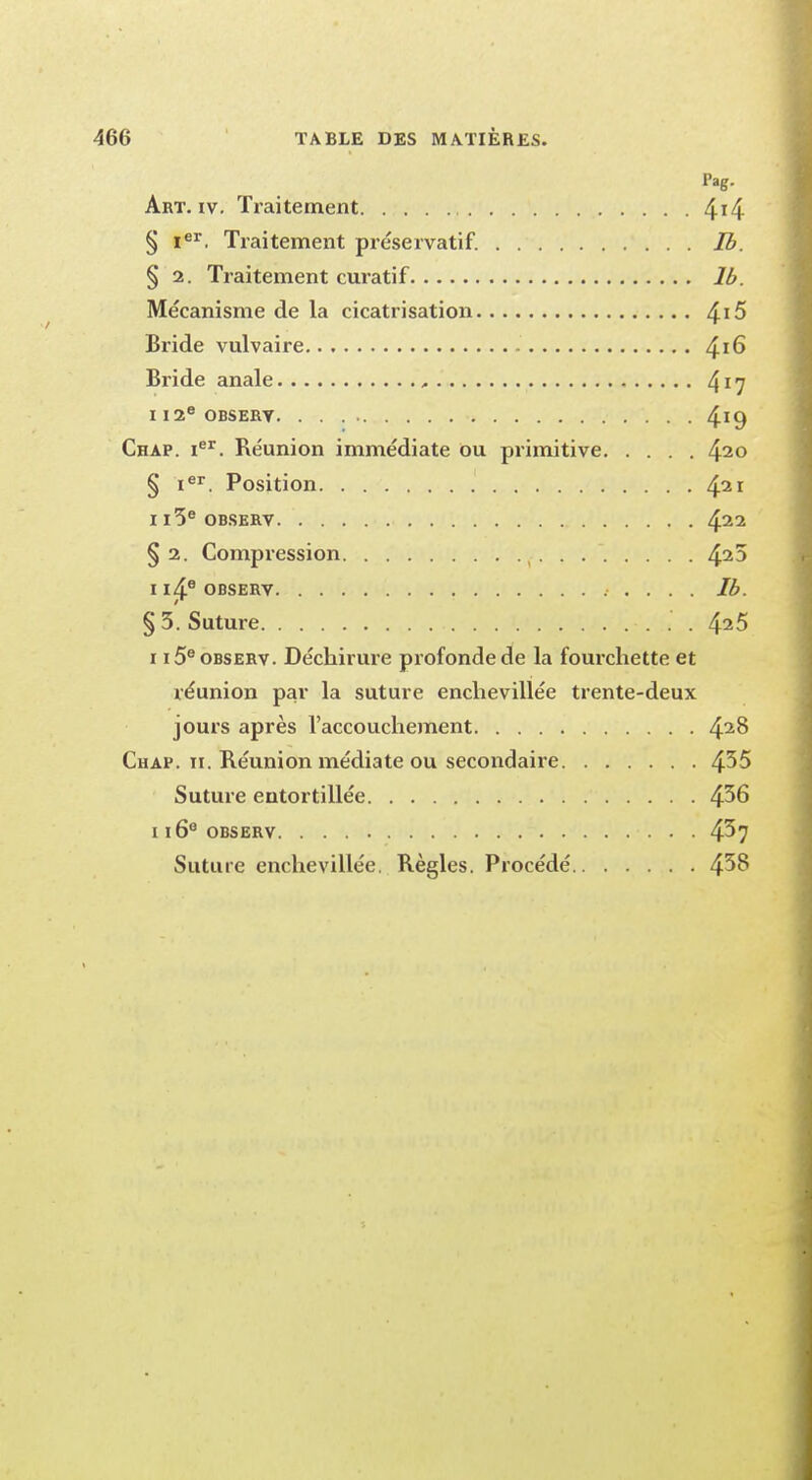 l'ag. Art. iv. Traitement 4X4 § Ier. Traitement préservatif. Ib. § 2. Traitement curatif Ib. Mécanisme de la cicatrisation 4J5 Bride vulvaire ^.16 Bride anale , 4r7 112e obsery. 4*9 Chap. ier. Béunion immédiate ou primitive 420 § ier. Position 42r 1 i5e observ 422 § 2. Compression 42^ 1 i4e observ Ib. § 3. Suture 425 115e observ. Déchirure profonde de la fourchette et réunion par la suture enchevillée trente-deux jours après l'accouchement 42$ Chap. h. Béunion médiate ou secondaire 4^5 Suture entortillée 4^6 1160 observ 4^7 Suture enchevillée. Bègles. Procédé 4^8