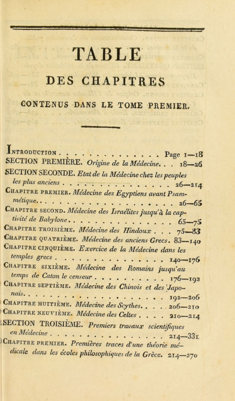 g- I I I I TABLE DES CHAPITRES CONTENUS DANS LE TOME PREMIER, Introduction Page SECTION PREMIÈRE. Origine de la Médecine, . . 18—26 section seconde. Etat de la Médecine chez les peuples les plus anciens 26—214 Chapitre premier. Médecine des Egyptiens avant Psam~ • 26—65 Chapitre second. Médecine des Israélites jusqu’à la cap- tivité de Bahylone 66—75 Chapitre troisième. Médecine des Hindoux . . . 75—83 Chapitre quatrième. Médecine des anciens Grecs, 83—140 Chapitre cinquième. Exercice de la Médecine dans les temples grecs 140—176 Chapitre sixième. Médecine des Romains jusqu’au temps de Caton le censeur 176—193 I Chapitre septième. Médecine des Chinois et des [Japo- nais ^ ^ 192—206 nviTiEME, Médecine des Scythes, , . . 206—210 <^»AmTRE NEUVIÈME. Médecine des Celtes . . , . aïo—214 -SECTION TROISIÈME. Premiers travaux scientifiques en Médecine 2i4-33r JChapitre premier. Premières traces d’une théorie mé- dicale dans les écoles philosophique de la Grèce. 214—270