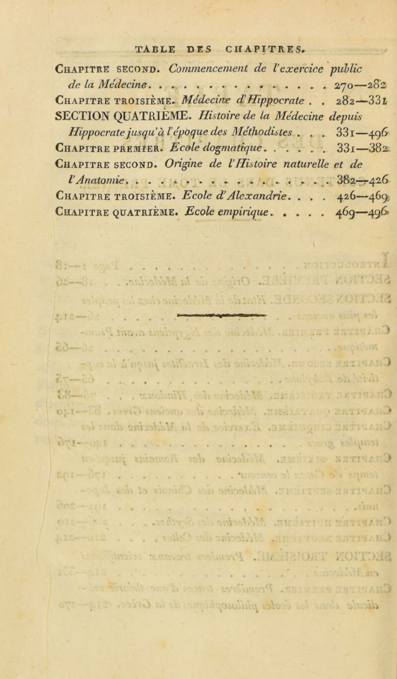 TABLE DES CHAPITRES. Chapitre second. Commencement de l’exercice piihlîc de la Médecine. . 270—282 Chapitre troisième. Médecine d’Hippocrate . . 282—33i SECTION QUATRIÈME. Histoire de la Médecine depuis Hippocrate jusqu à l’époque des MéthodLtes . . . 331—496^ Chapitre PREMIER. Ecole dogmatique. . . , . . 33i—382. Chapitre second. Origine de l’Histoire naturelle et de l’Anatomie .... 382—r42Ô Chapitre troisième. Ecole d’Alexandrie. . . . 426—469^ Chapitre quatrième. Ecole empirique. .... 46g—49.6» • ) V V }