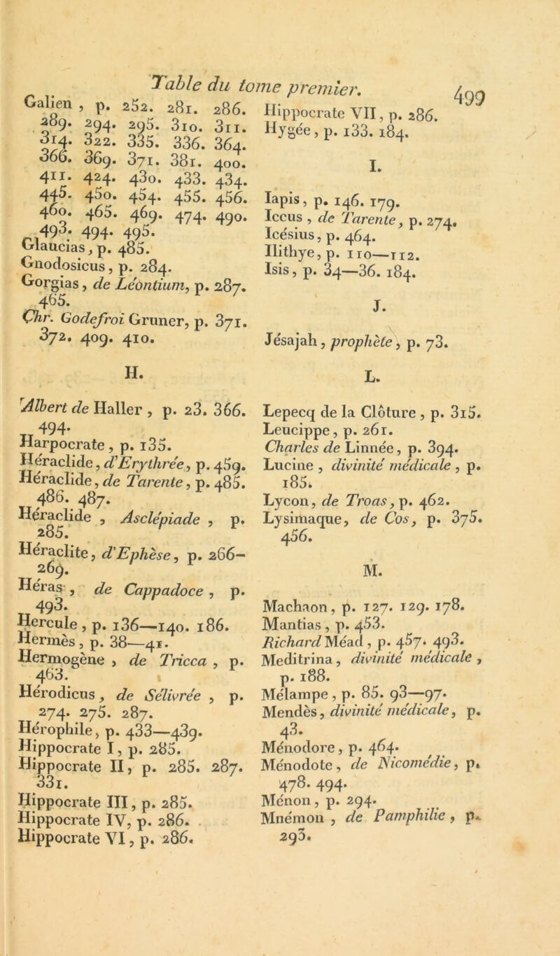 Table du tome premier. /no ^a8q”’2Ql |î‘Pl»cratcVII,p. 286. l!t. Ël: i;. “^«->p-33.x84. 066. 3G9. 371. 38i. 400. I. 4II* 424* 4^*^* 433. 434. 435.456. lapis, p. 146. 17g. 400. 465. 469. 474.490. Iccus , de Tarente, p, 274, 495* 494. 495. Icësius, p. 464. Glaucias, p. 485. IHthye, p. 110-112. Gnodosicus, p.^ 284. Isis, p. 34-86. 184. 'jorgias, de Leontiu/n, p. 287. 465. C7ir. iaodefroi Grimer, p. 871. 372. 40g. 410. H. J. \ Jésajah, prophète^ p. 78. L. ^Albert de Haller , p. 28. 366. „494- Harpocrate, p. i35. Heraclide, d'Erythrée .y p. 45g, Hérâclide, i/e Tarente, p. 485. 486. 487. Heraclide , Asclépiade , p. 285. Heraclite, d'Ephèse, p. 266— 269. Héras , de Cappadoce, p. „ 493. Hercule, p. i36—140. 186. Hermès, p. 88—41. Hermogène , de Tricca , p. 483. I Hérodicus, de Sélivrée , p. 274. 275. 287. Hérophile, p. 488—489. Hippocrate I, p. 285. Hippocrate II, p. 285. 287. 33i. Hippocrate III, p. 285. Hippocrate IV, p. 286. . Hippocrate VI, p. 286. Lepecq de la Clôture , p. 3i5. Leucippe, p. 261. Charles de Linnëe, p. 894. Lucine , divinité médicale , p. i85. Lycon, de Troas ,p. 462. Lysiraaque, de Cos, p. SyS. 4S6. M. Machaon, p. 127. 129. 178. Mandas, p. 453. RichardM-é^d , p. 4^7‘ 49^‘ Meditrina, divinité médicale, p. 188. Mëlampe , p. 85. 98—97. Mendès, divinité médicale, p. 48. Ménodore, p. 4^4* Menodote, de JSicomédie, p. 478. 494. Ménon, p. 294. Mnëmon , de Pamphilie, p.. 295.