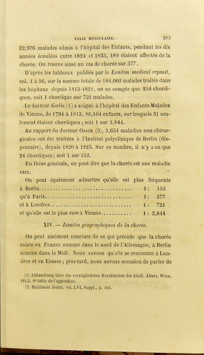 32,976 malades admis à l'hôpital des Eufants, pendant les dix années écoulées entre 1824 et 1833, 189 étaient affectés delà chorée. On trouve ainsi un cas de chorée sur 377. D'après les tableaux publiés par le London médical reposit, vol. 1 à 16, sur la somme totale de 184,002 malades traités dans les hôpitaux depuis 1813-1821, on ne compte que 254 choréi- ques, soit 1 choréique sur 721 malades. Le docteur Gœlis (1) a soigué à l'hôpital des Enfants-Malades devienne, de 1794 à 1813, 88,164 enfants, surlesquels 31 seu- lement étaient choréiques ; soit 1 sur 2,844. Au rapport du docteur Ossan (2), 3,634 maladies non chirur- gicales ont été traitées à l'Institut polyclinique de Berlin (dis- pensaire), depuis 1820 à 1825. Sur ce nombre, il n'y a eu que 24 choréiques; soit 1 sur 152. En thèse générale, on peut dire que la chorée est une maladie rare. ' On peut également admettre qu'elle est plus fréquente à Berlin 1: 152 qu'à Paris 1: 377 et à Londres 1 : 721 et qu'elle est le plus rare à Vienne 1 : 2,844 XIV. — Limites géographiques de la chorée. On peut aisément conclure de ce qui précède que la chorée existe en France comme dans le nord de l'Allemagne, à Berlin comme dans le Midi. Nous savons qu'elle se rencontre à Lon- dres et en Ecosse ; plus tard, nous aurons occasion de parler de (1) Âbhandlung ûber die vorzuglichslen Krankheilen des kindl. Allers. Wien. 1815. 8 table de l'appendice. (2) Hufelands Journ. vol. LVI. Suppi., p. 103.