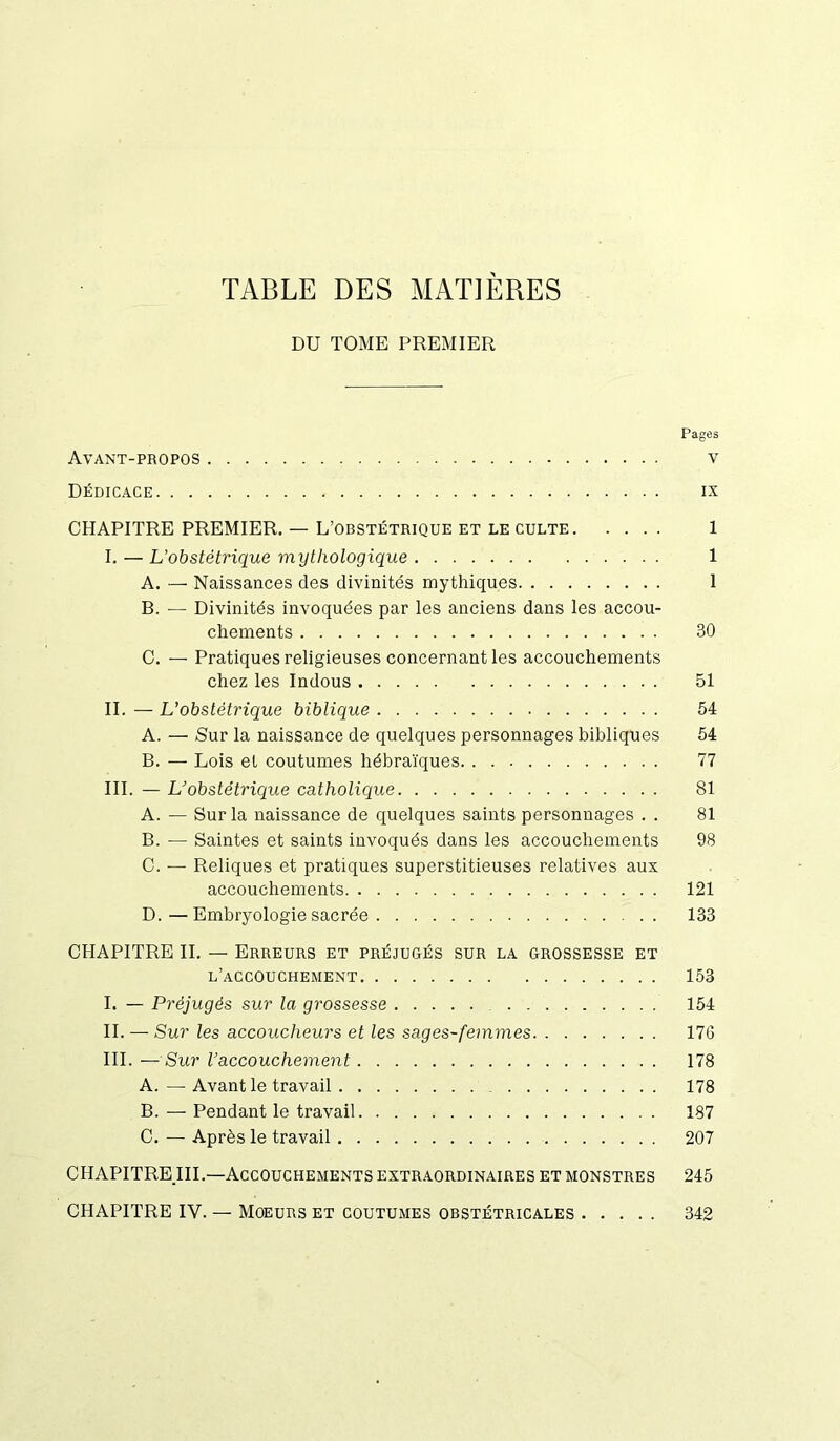 TABLE DES MATIÈRES DU TOME PREMIER Pages Avant-propos v Dédicace ix CHAPITRE PREMIER. — L’obstétrique et le culte 1 I. — L’obstétrique mythologique 1 A. — Naissances des divinités mythiques 1 B. — Divinités invoquées par les anciens dans les accou- chements 30 C. — Pratiques religieuses concernant les accouchements chez les Indous 51 II. — L’obstétrique biblique 54 A. — Sur la naissance de quelques personnages bibliques 54 B. — Lois et coutumes hébraïques 77 III. — L’obstétrique catholique 81 A. — Sur la naissance de quelques saints personnages . . 81 B. — Saintes et saints invoqués dans les accouchements 98 C. — Reliques et pratiques superstitieuses relatives aux accouchements 121 D. —Embryologie sacrée 133 CHAPITRE IL — Erreurs et préjugés sur la grossesse et l’accouchement 153 I. — Préjugés sur la grossesse 154 II. — Sur les accoucheurs et les sages-femmes 17G III. — Sur l’accouchement 178 A. — Avant le travail 178 B. — Pendant le travail 187 C. — Après le travail 207 CHAPITRE III.—Accouchements extraordinaires et monstres 245 CHAPITRE IV. — Moeurs et coutumes obstétricales 342