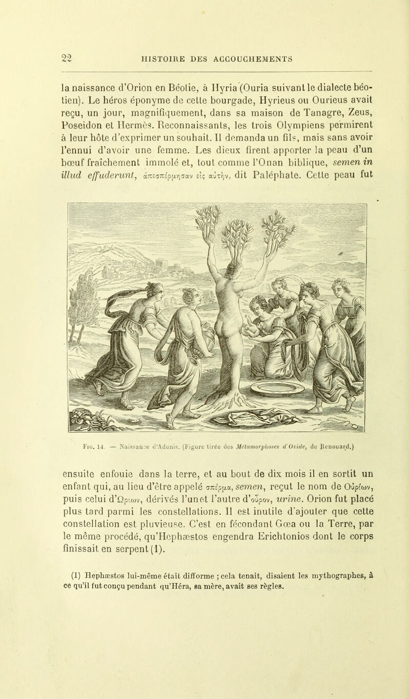 la naissance d’Orion en Béolie, à Hyria (Ouria suivant le dialecte béo- tien). Le héros éponyme de ceLte bourgade, Hyrieus ou Ourieus avait reçu, un jour, magnifiquement, dans sa maison de Tanagre, Zeus, Poséidon et Hermès. Reconnaissants, les trois Olympiens permirent à leur hôte d’exprimer un souhait. Il demanda un fils, mais sans avoir l’ennui d’avoir une femme. Les dieux firent apporler la peau d’un bœuf fraîchement immolé et, tout comme l’Onan biblique, semenin illud effuderunt, ajxfjv, dit Paléphate. Cette peau fut Fig. 14. — ftaissanje d'Adonis. (Figure tirée des Métamorphoses d'Ovide, de Rcnouard.) ensuite enfouie dans la terre, et au bout de dix mois il en sortit un enfant qui, au lieu d’être appelé aitéppM, semen, reçut le nom de Oùpènv, puis celui d’Qpuuv, dérivés l’un et l’autre d’oSpov, urine. Orion fut placé plus tard parmi les constellations. Il est inutile d'ajouter que cette constellation est pluvieuse. C’est en fécondant Gœa ou la Terre, par le même procédé, qu’Hephæstos engendra Erichtonios dont le corps finissait en serpent (1). (1) Hephæstos lui-même était difforme ; cela tenait, disaient les mythographes, à ce qu’il fut conçu pendant qu’Héra, sa mère, avait ses règles.