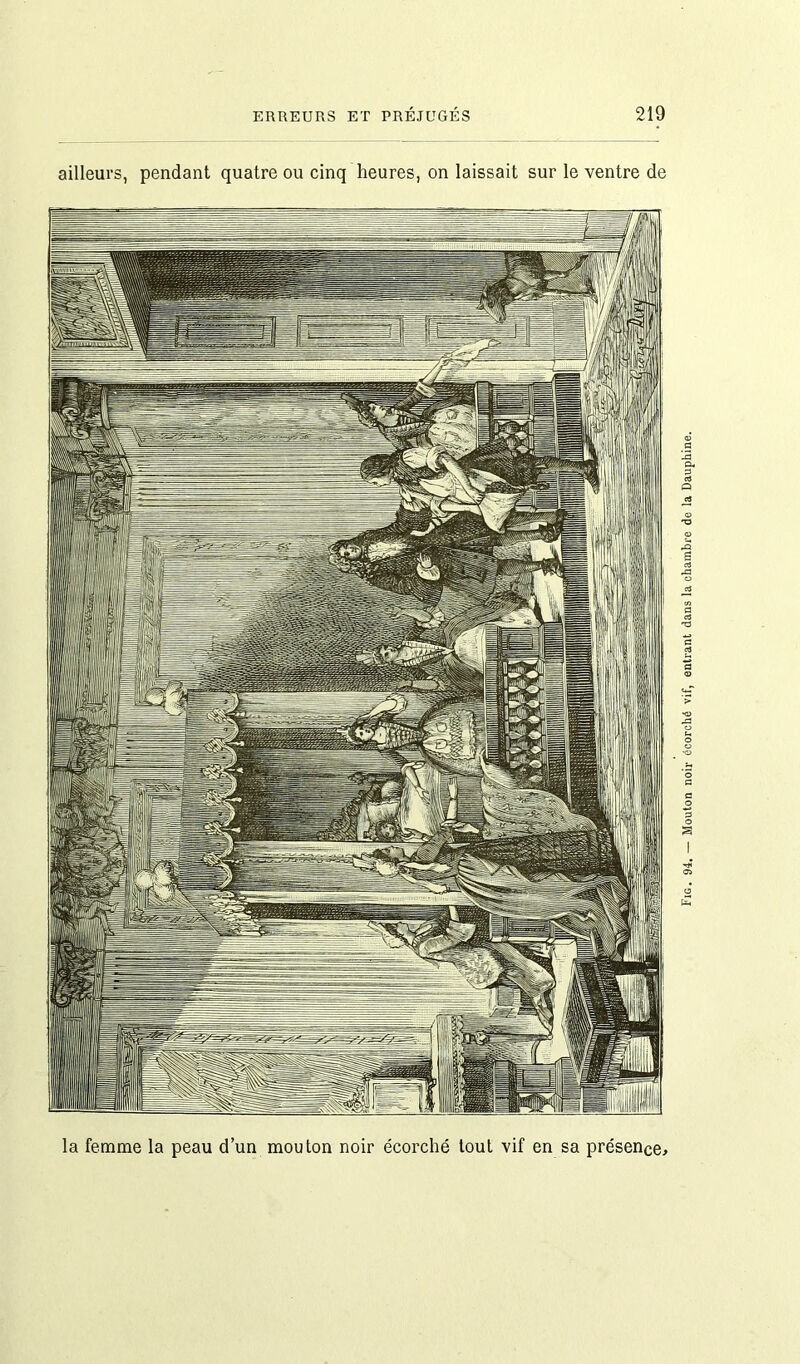 ailleurs, pendant quatre ou cinq heures, on laissait sur le ventre de la femme la peau d’un mouton noir écorché tout vif en sa présence. Fig. 94. — Mouton noir écorché vif, entrant dans la chambre de la Dauphine.