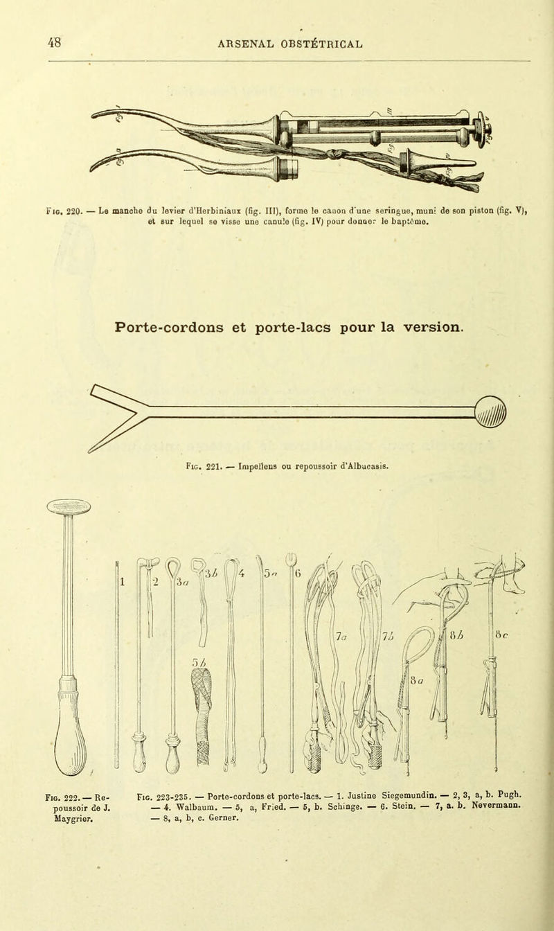 Fin. 220. — La manche du levier d'Herbiniaux (fig. III), forrno le caaon d'une seringue, muni de son piston (fig. V), et sur lequel se visse une canule (fig. IV) pour donner le baptême. Porte-cordons et porte-lacs pour la version. Fig. 222. — Re- poussoir de J. Maygrier. Fig. 223-235. — Porte-cordons et porte-lacs. — 1. Justine Siegemundin. — 2, 3, a, b. Pugh. — 4. Walbaum. — 5, a, Fried. — 5, b. Schinge. — 6. Stein. — 7, a. b. Nevermann. — 8, a, b, c. Gerner.