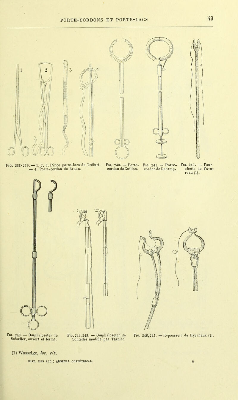 Fio. 236-239. — 1, 2, 3. Pince porte-lacs de Tréfurt. — 4. Porte-cordon de Braun. Fig. 240. — Porte- cordon deGuillon. Fig. 241. — Porte- cordon de Dueamp. Fig. 242. — Four chette de Fave- reau (1). Fig. 243. — Omphalosoter de Schœller, ouvert et fermé. Fig. 244,245. — Omphalosoter de Fig. 246,247. —Repoussoir de Hyernaux (1). Schœller modifié par Tarnicr. (1) Wasseige, loc. cit. HIST. DES ACC.; ARSENAL OBSTÉTRICAL. 4