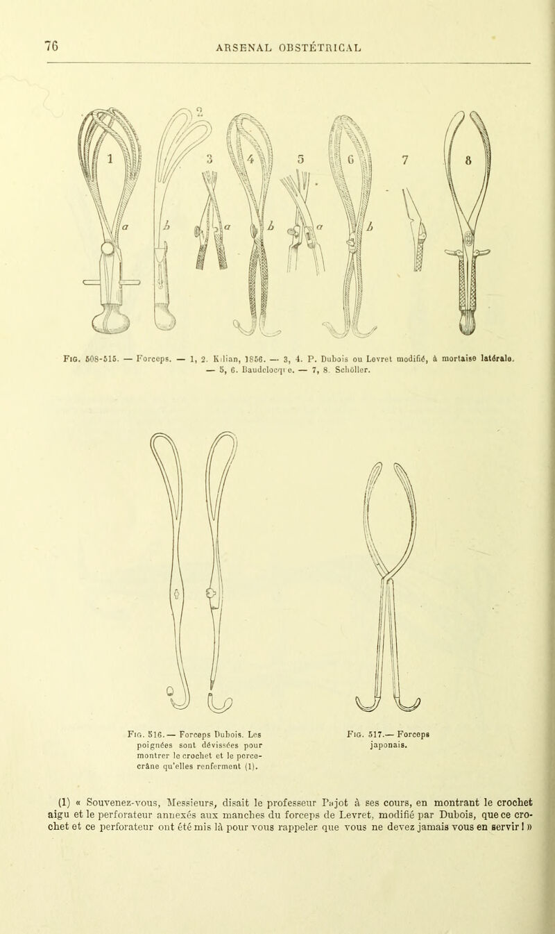 Fig. 508-515. — Forceps. — 1, 2. Kilian, 1856. — 3, -J. P. Dubois ou Levret modifié, — 5, G. Daudclocqi o. — 7, 8 ScliOller. à mortaise latérale. Fig. 516.— Forceps Dubois. Les poignées sont dévissées pour montrer le crochet et le perce- crâne qu’elles renferment (1). Fig. 517.— Forcops japonais. (1) « Souvenez-vous, Messieurs, disait le professeur I'ajot à ses cours, en montrant le crochet aigu et le perforateur annexés aux manches du forceps de Levret, modifié par Dubois, que ce cro- chet et ce perforateur ont été mis là pour vous rappeler que vous ne devez jamais vous en servir 1 »