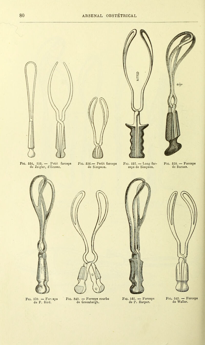 Fig. 534, 535. — Petit forceps de Zeigler, d'Ecosse. Fig. 536.— Petit forceps de Simpson. Fig. 537. — Long for- ceps de Simpson. Fig. 538. — Forceps de Barnes. Fig. 542. — Forceps de Waller.