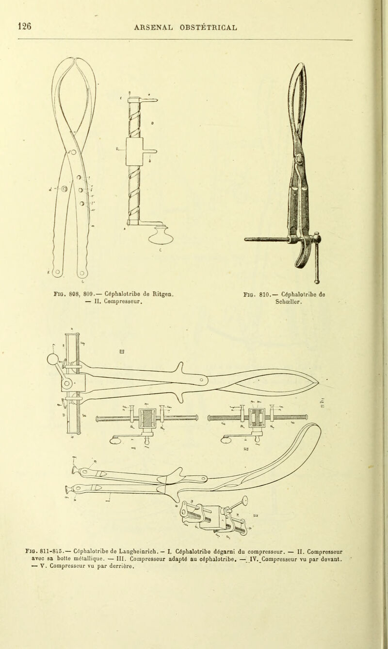 Fia. 811-815.— Céphalotribe de Langheinrich. — I. Céphalotribe dégarni du compresseur. — II. Compresseur avec sa botte métallique. — III. Compresseur adapté au céphalotribe, — IV. Compresseur vu par devant. — Y. Compresseur vu par derrière.