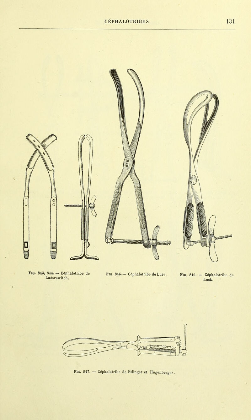 fia. 843, 844. — Céphalotribe de Lazarewitch. Fia. 845.— Céphalotribe de Lue;. Fig. 846. — Céphalotribe de Lusk. Fig, 847. — Céphalotribe de Etlinger et Hugenberger.